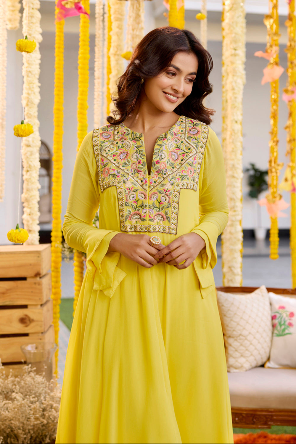 Sunshine Yellow Asymmetric Kurta With Pants Set