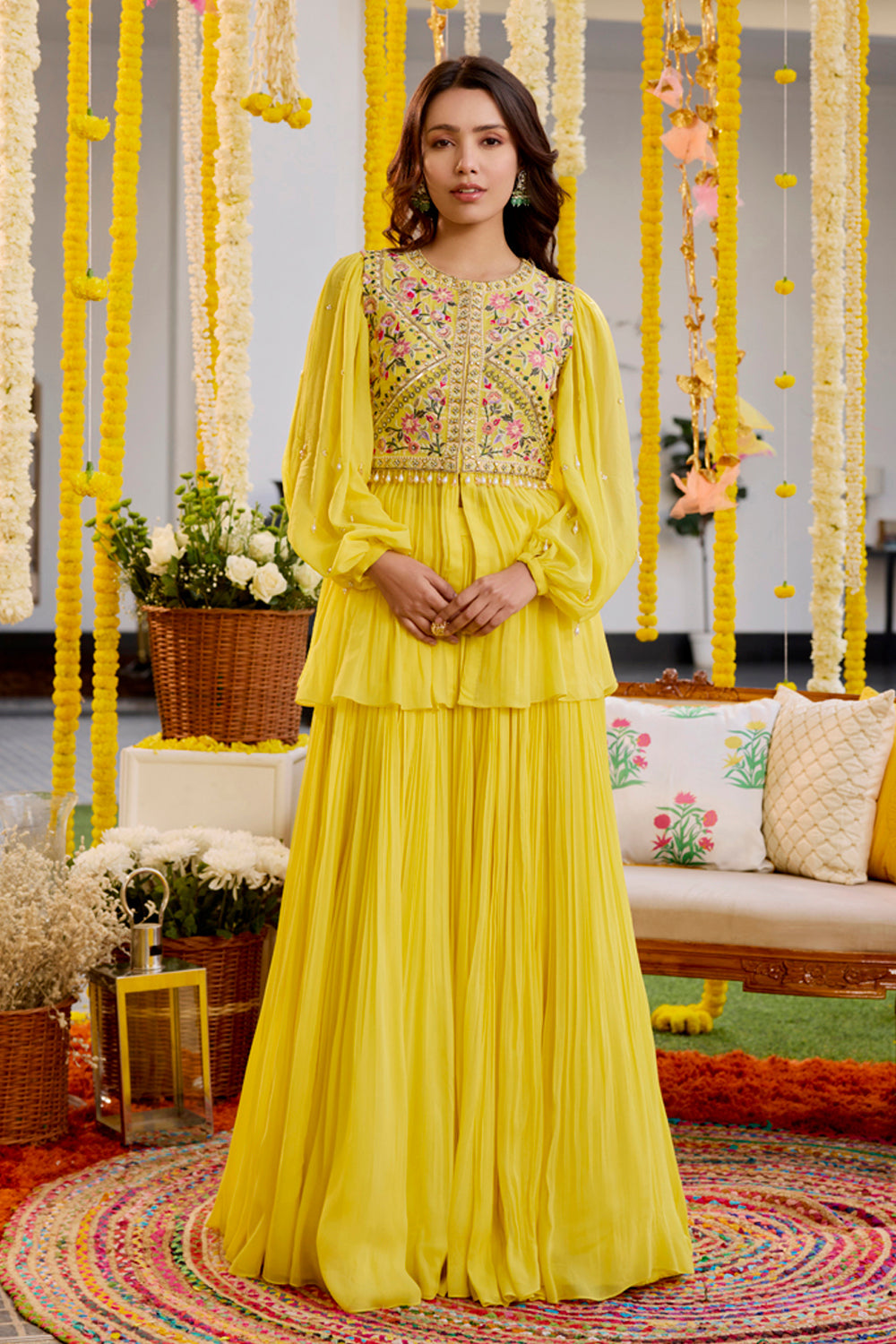 Sunshine Yellow Gathers Peplum With Skirt Set