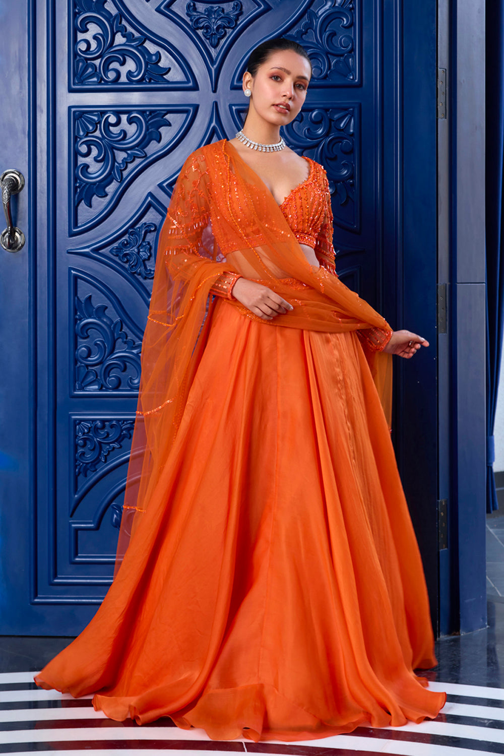 Orange Tonal Blouse And Organza Skirt Set