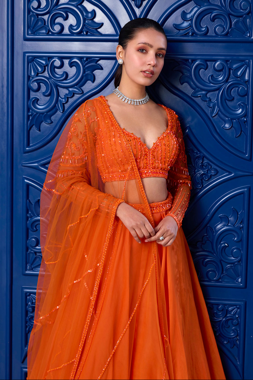 Orange Tonal Blouse And Organza Skirt Set
