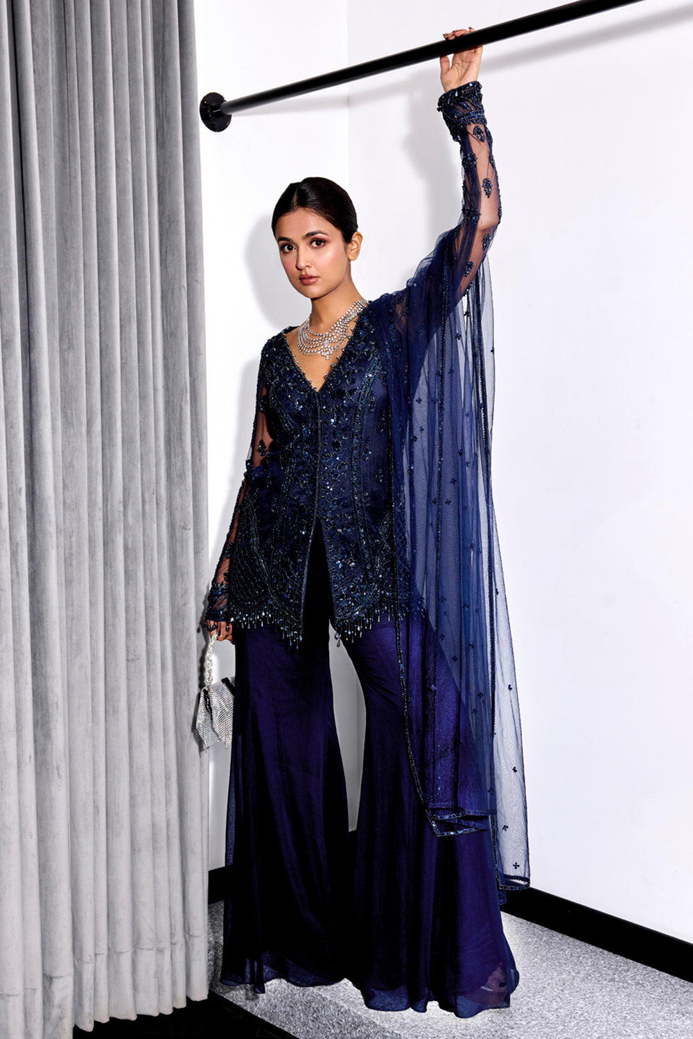 Midnight Blue Tonal Embroidered Kurta And Pants Set