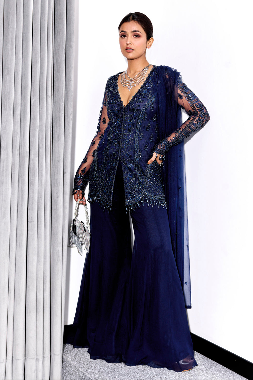 Midnight Blue Tonal Embroidered Kurta And Pants Set