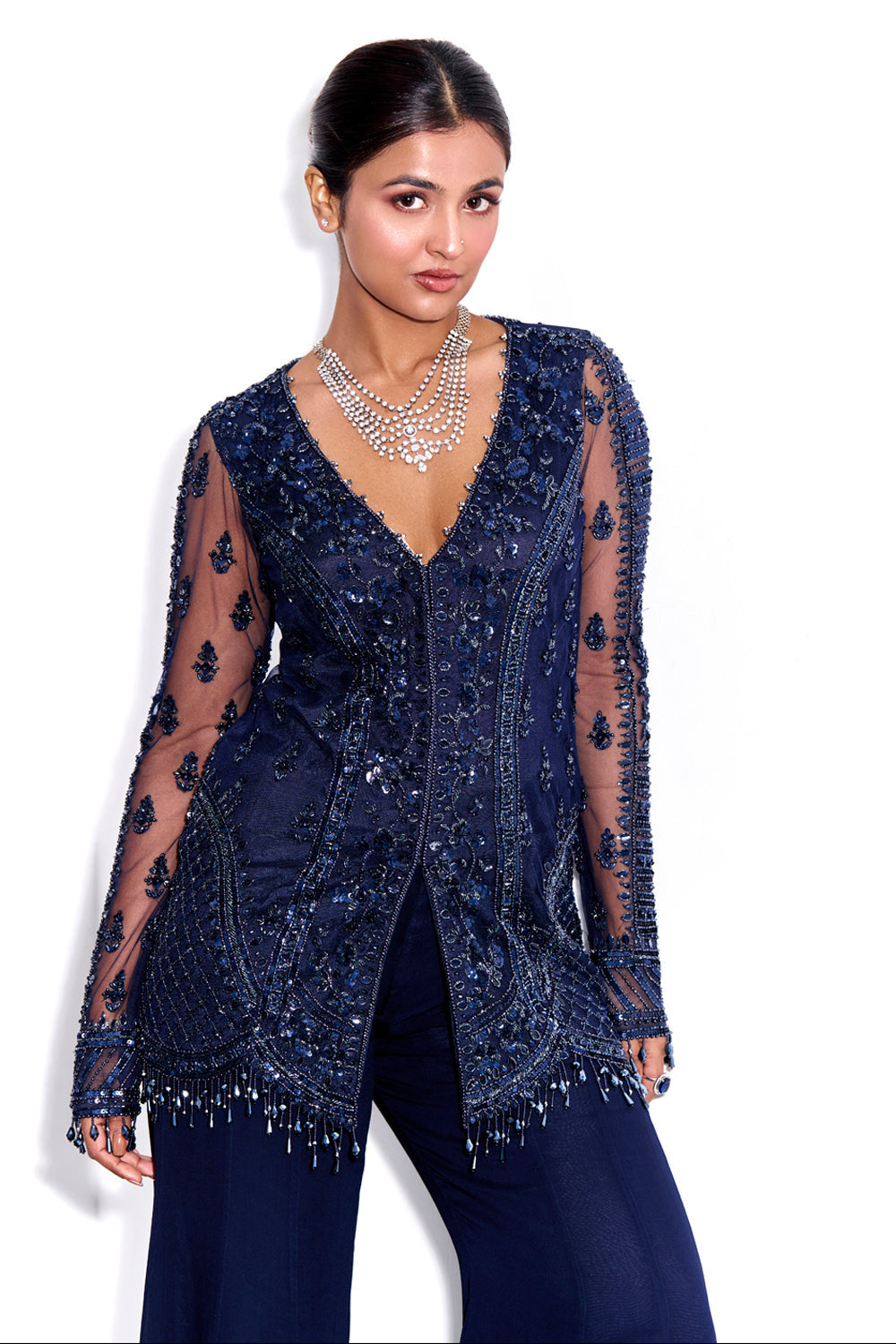 Midnight Blue Tonal Embroidered Kurta And Pants Set