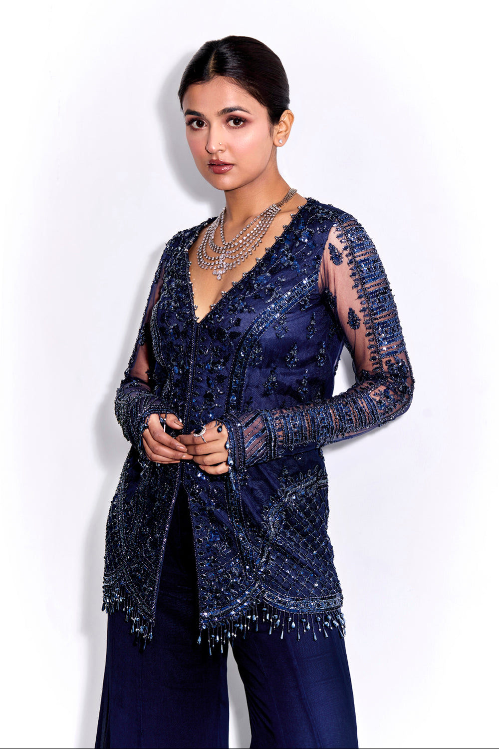 Midnight Blue Tonal Embroidered Kurta And Pants Set