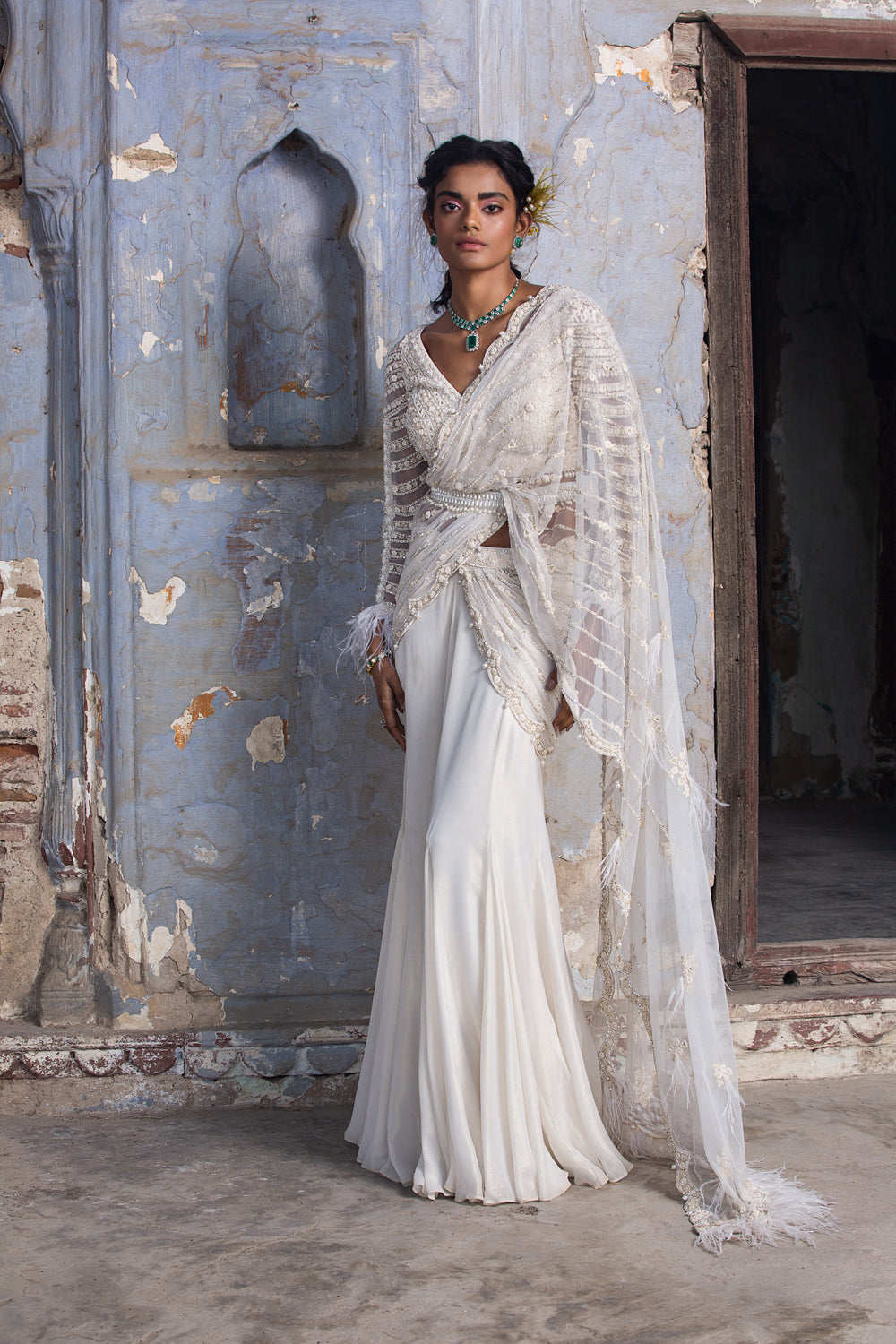 Off-White Shimmer Drape Saree