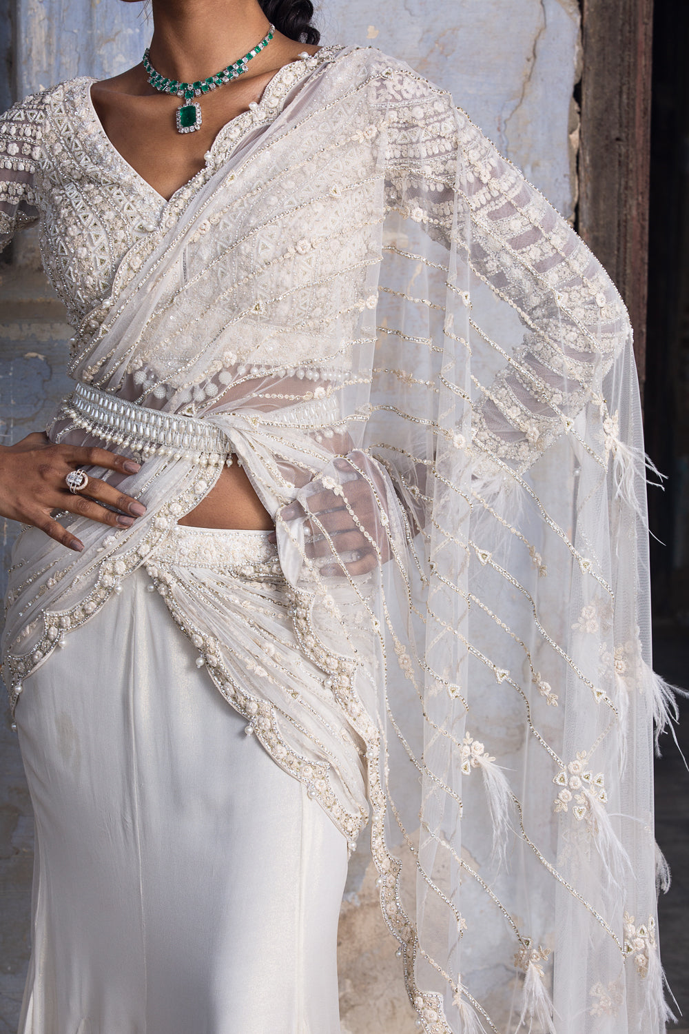 Off-White Shimmer Drape Saree