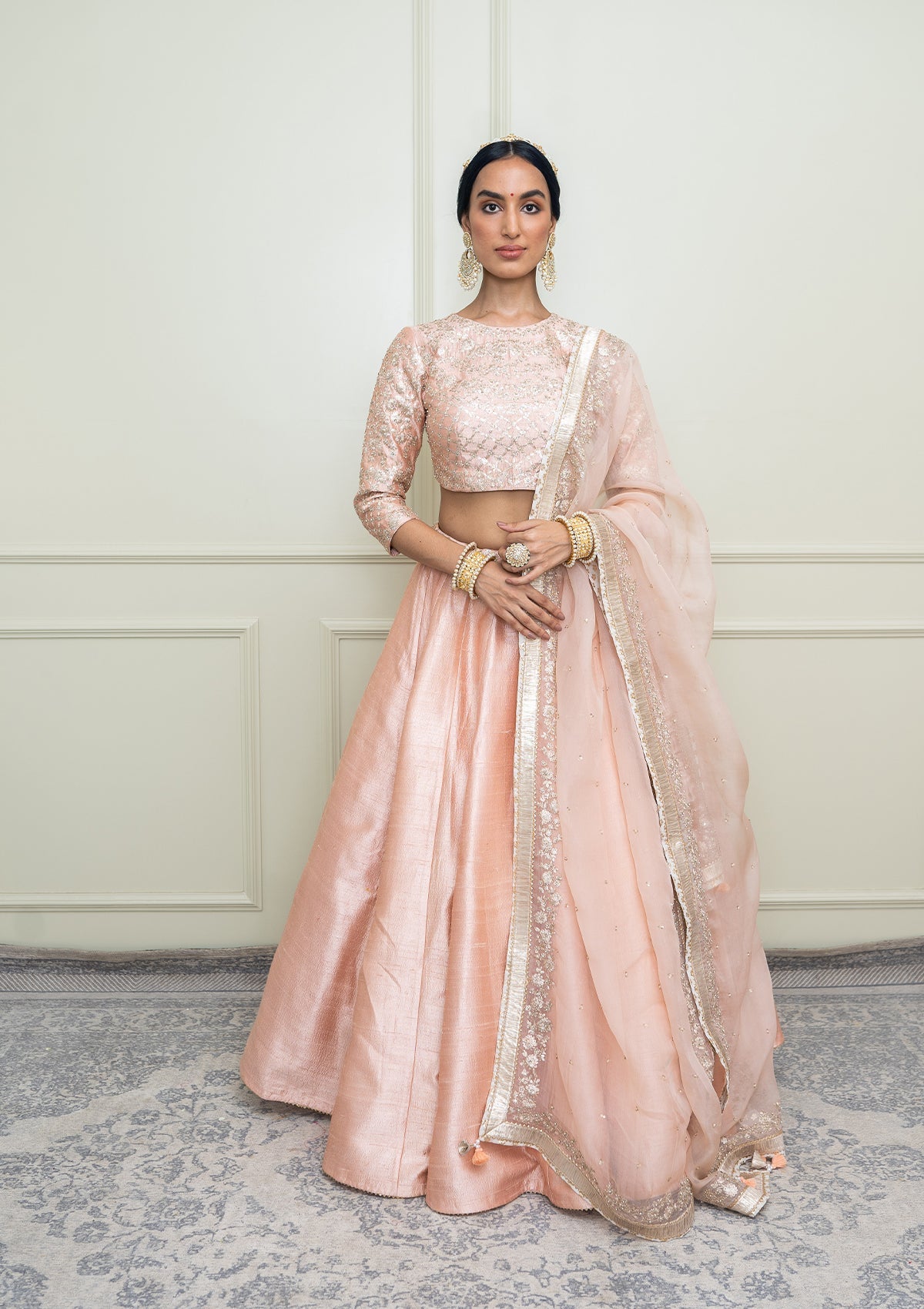 Aafiyah-Pearl Pink Tilla Embroidered Lehenga Set