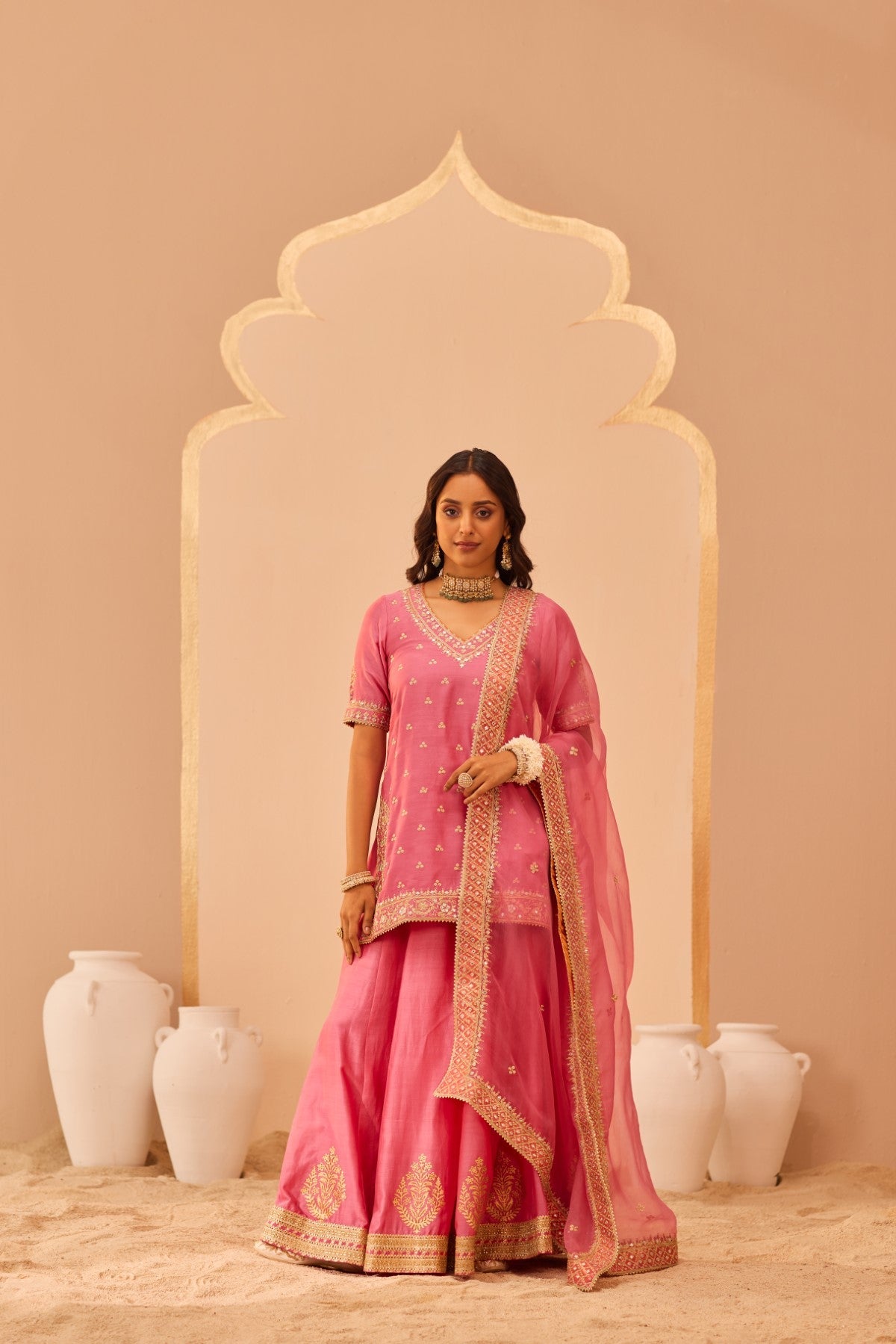 Faaiza - Flamingo Pink Kurta Lehenga Set