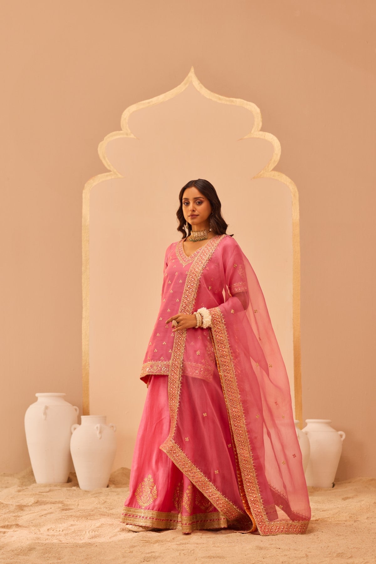 Faaiza - Flamingo Pink Kurta Lehenga Set