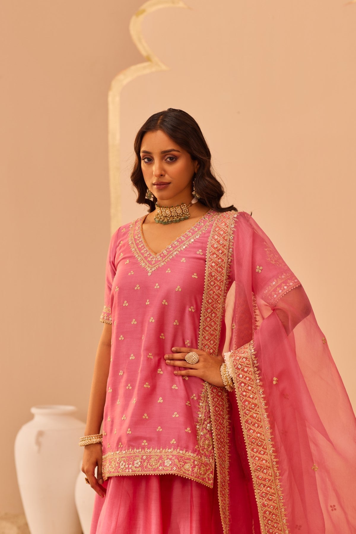 Faaiza - Flamingo Pink Kurta Lehenga Set