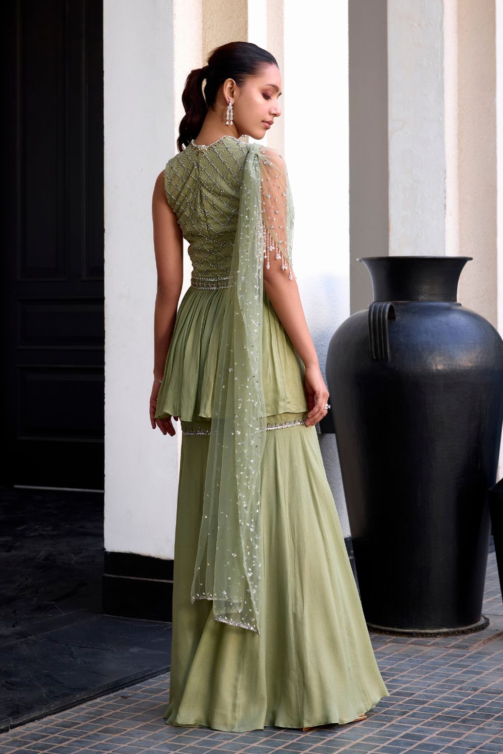 Sage Green Peplum With Drape Set