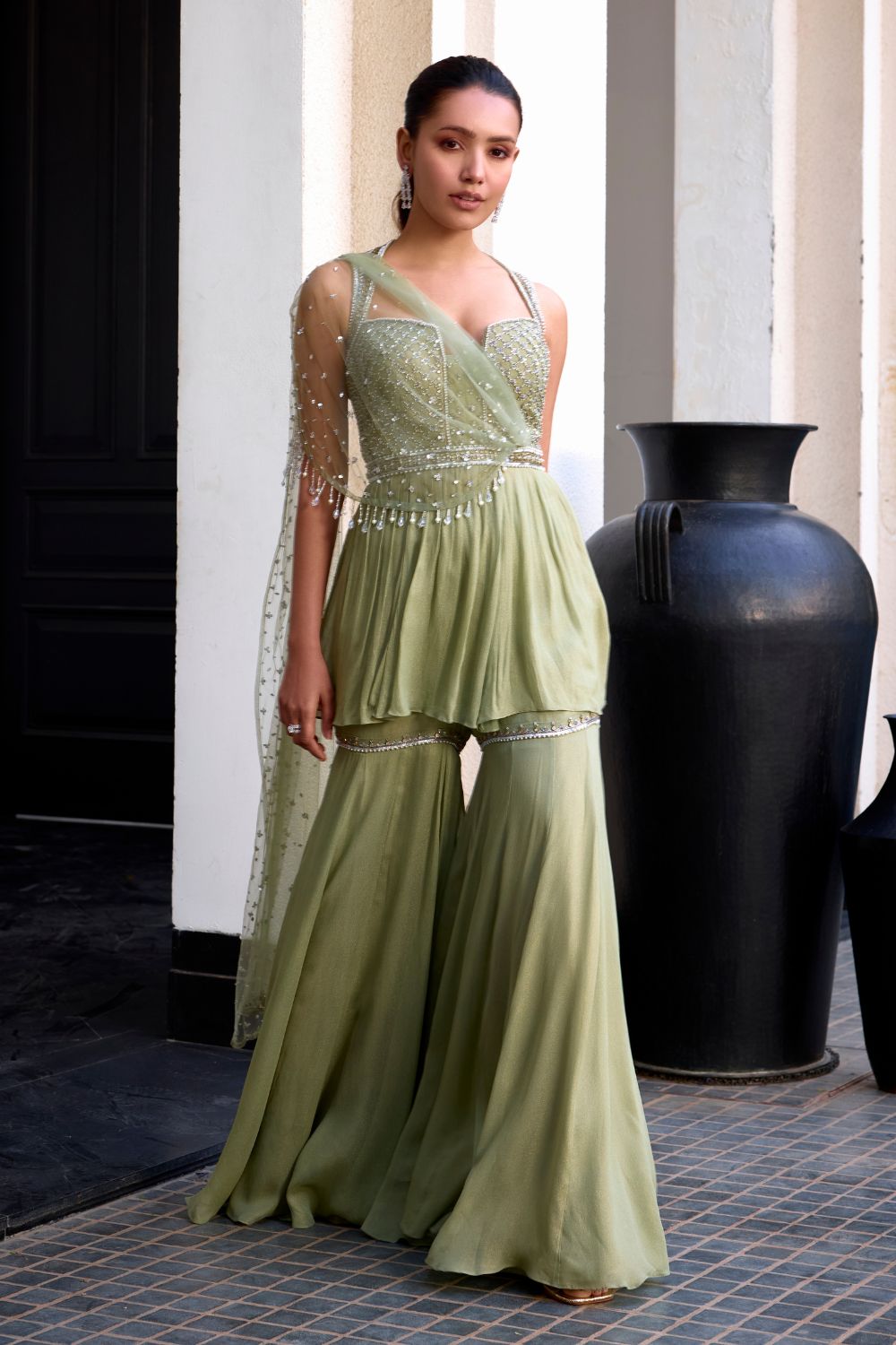 Sage Green Peplum With Drape Set