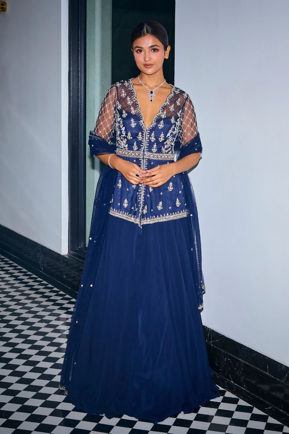 Midnight Blue Peplum Top With Skirt Set