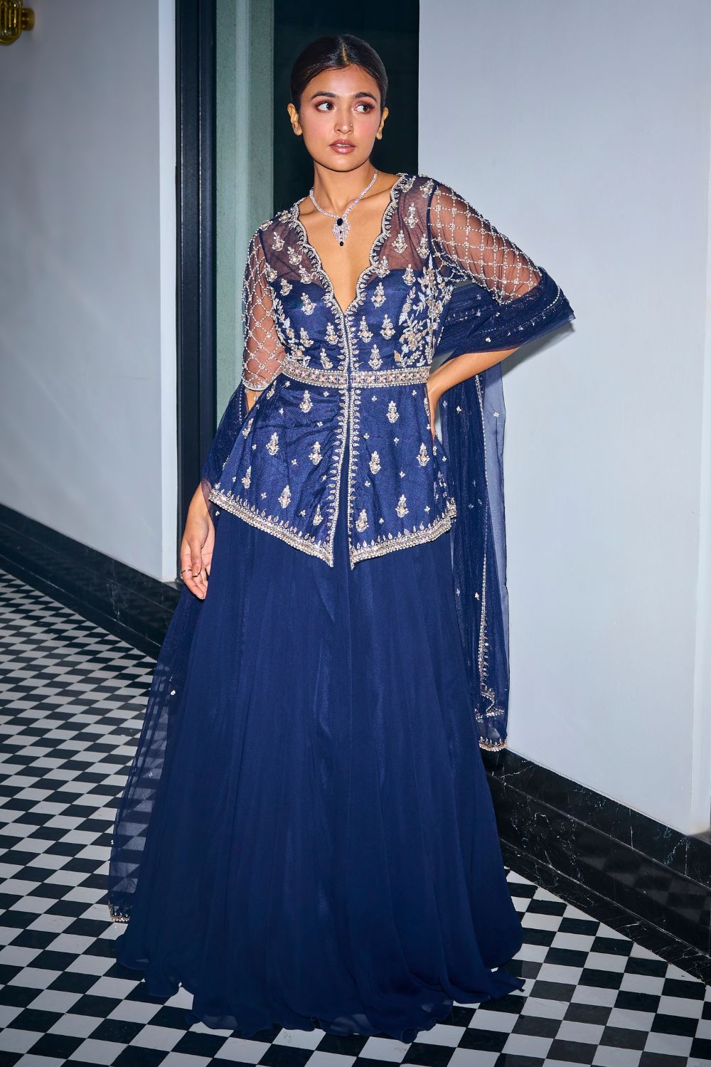 Midnight Blue Peplum Top With Skirt Set