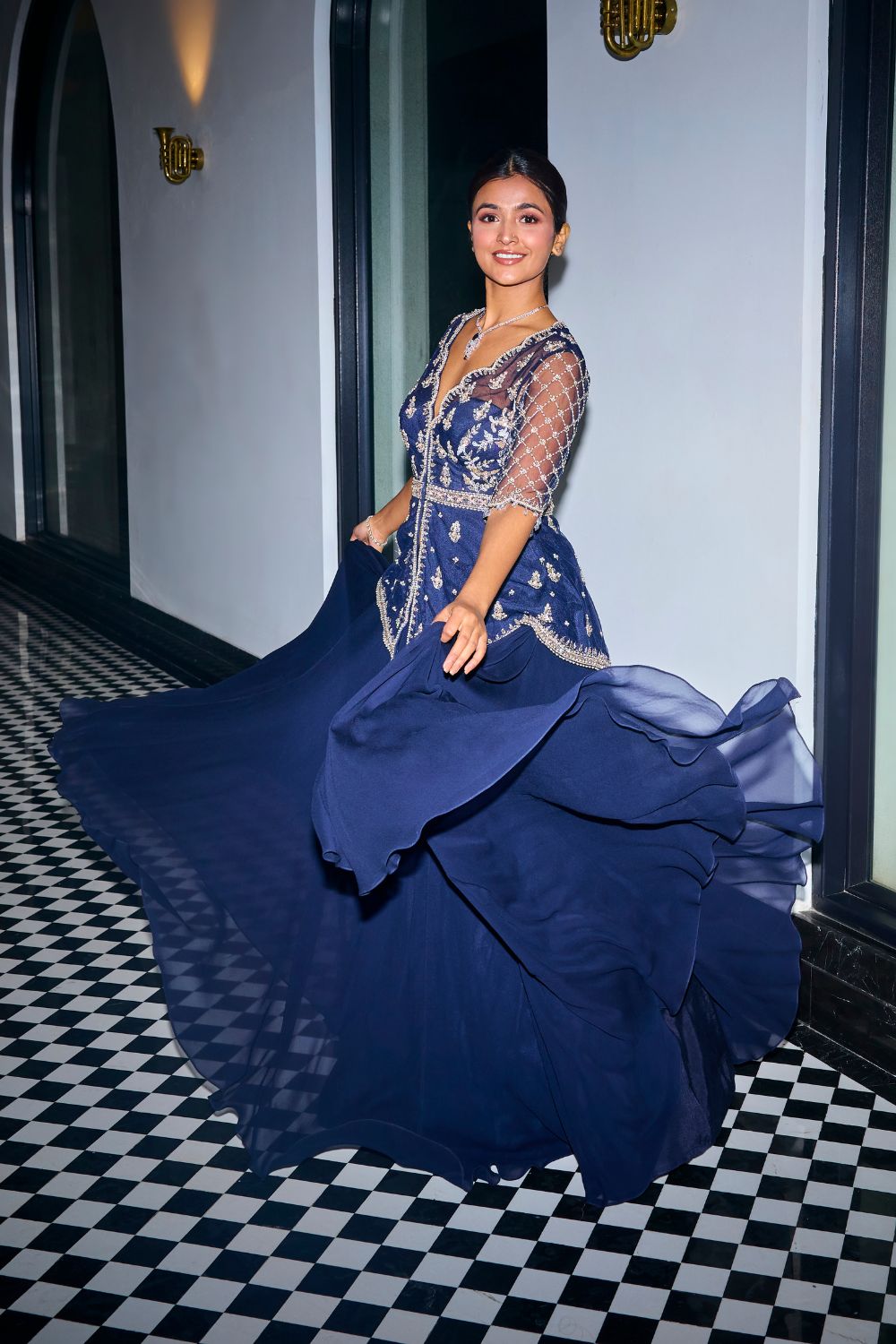 Midnight Blue Peplum Top With Skirt Set