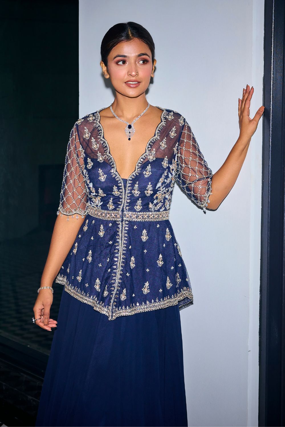 Midnight Blue Peplum Top With Skirt Set