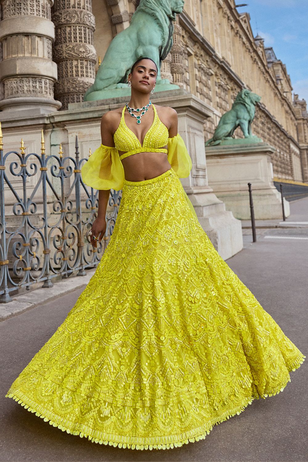 Surveen Chawla In Neon Yellow Sequin Lehenga Set