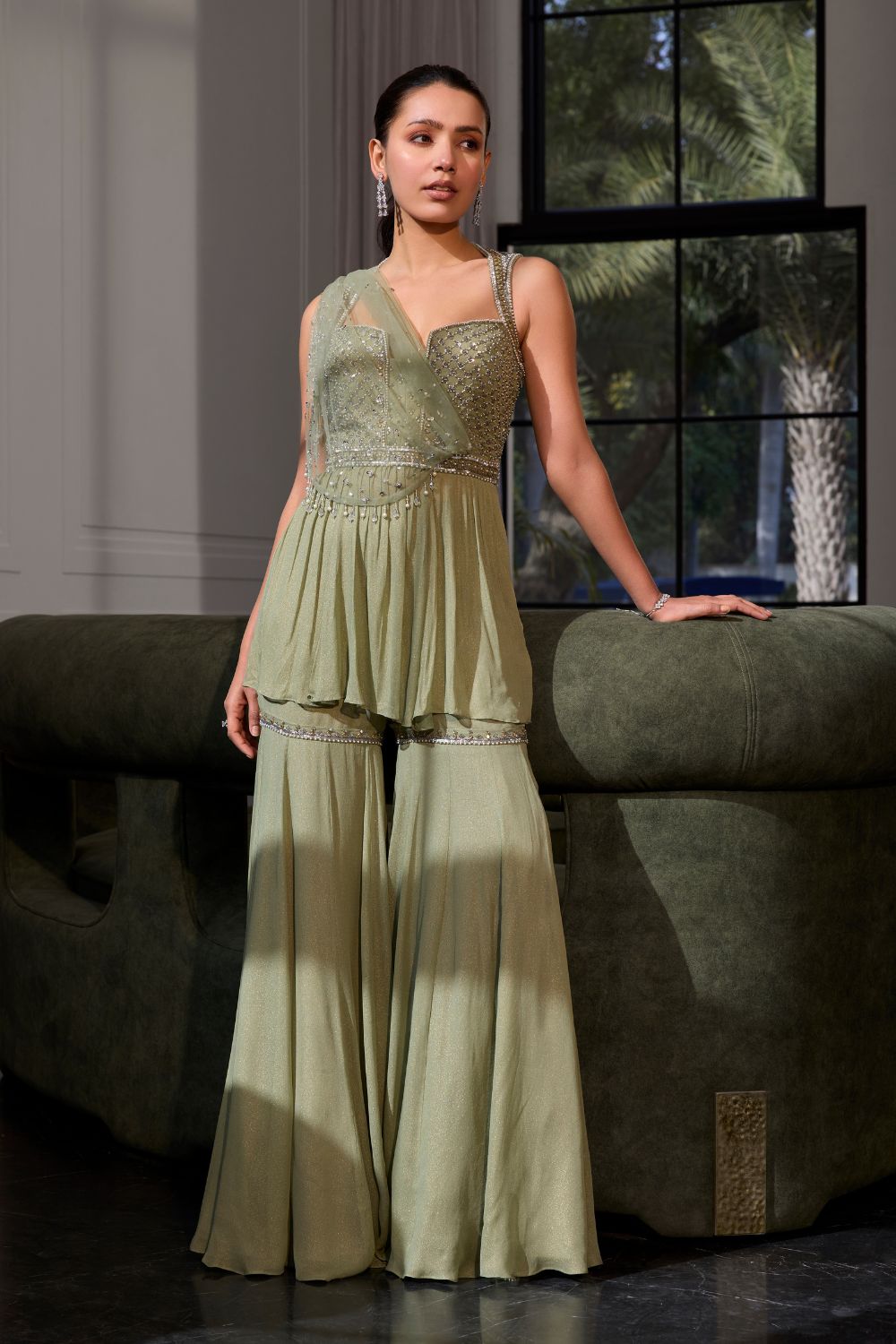 Sage Green Peplum With Drape Set