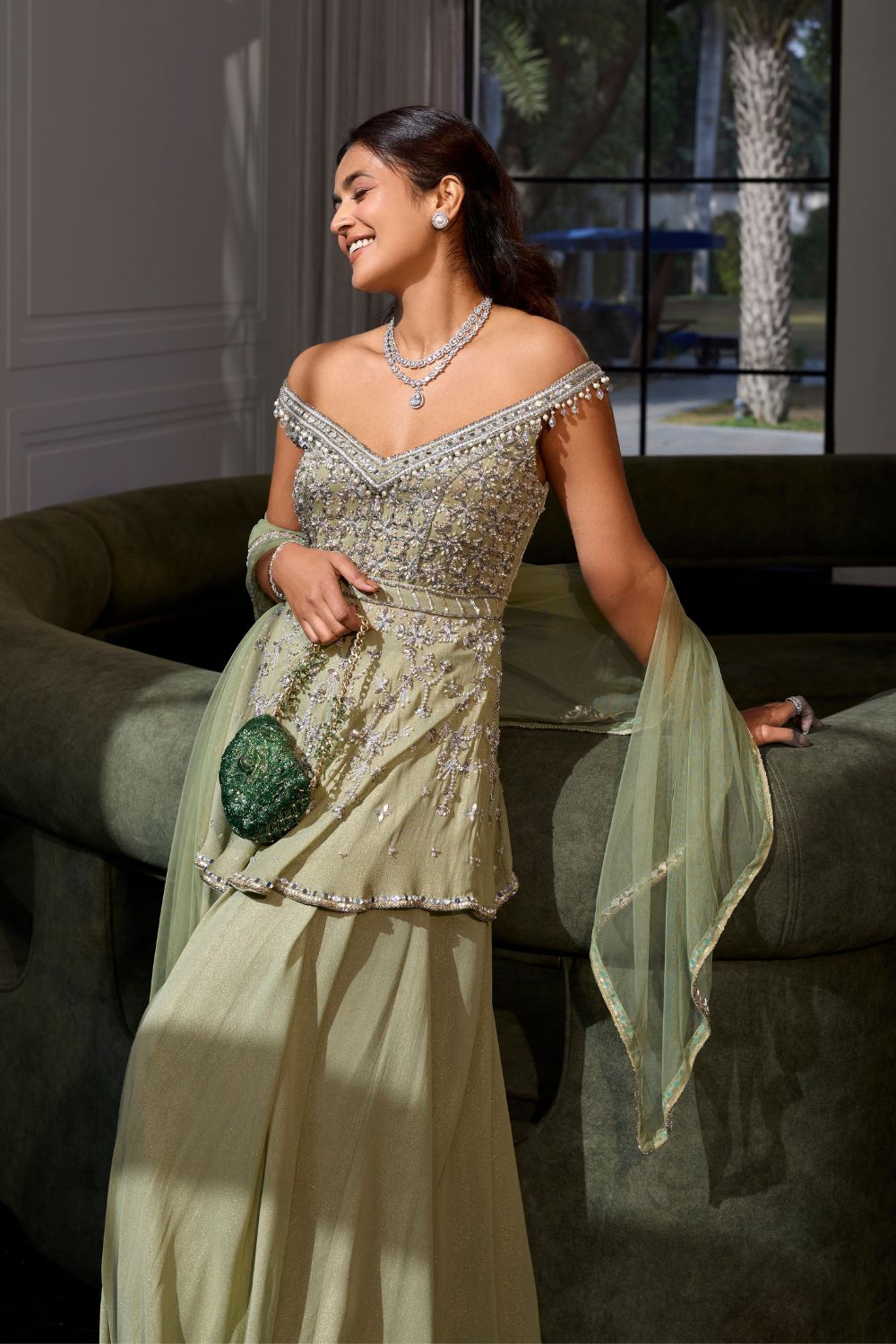 Sage Green Off Shoulder Peplum Set