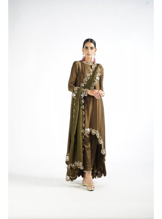 Vvani Vats,VAAW PKD 2231,Olive Green Mirror Scallop Pant Kurta Set