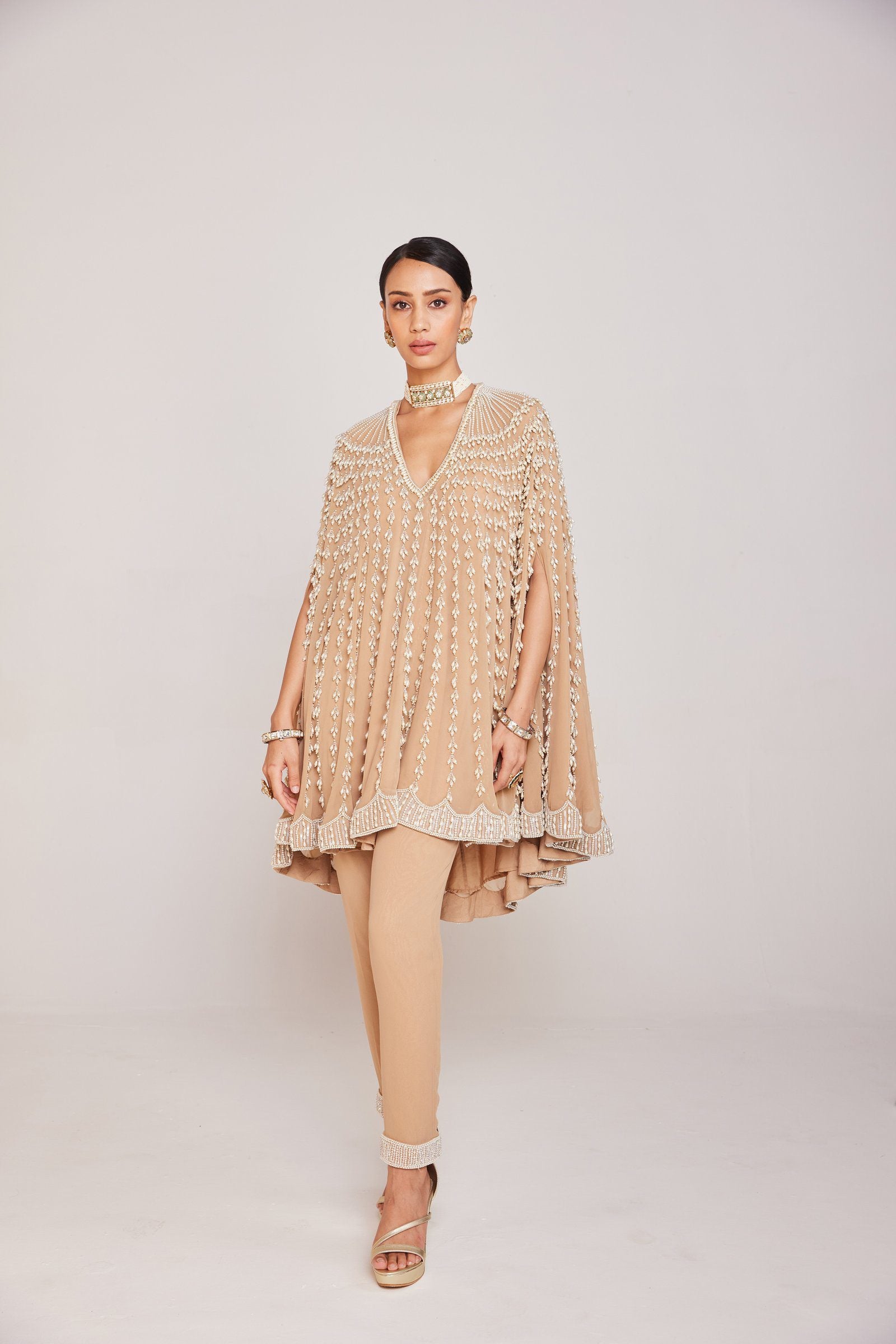 Vvani Vats,VAAW CP 2401,Beige Asymmetrical Cape Set