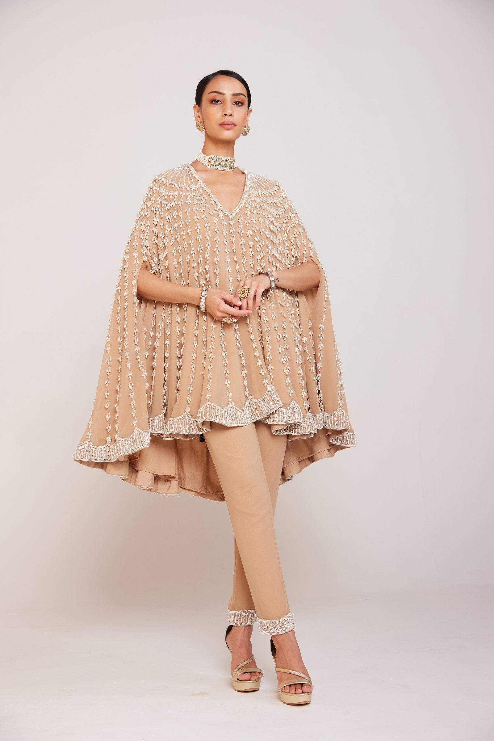 Vvani Vats,VAAW CP 2401,Beige Asymmetrical Cape Set