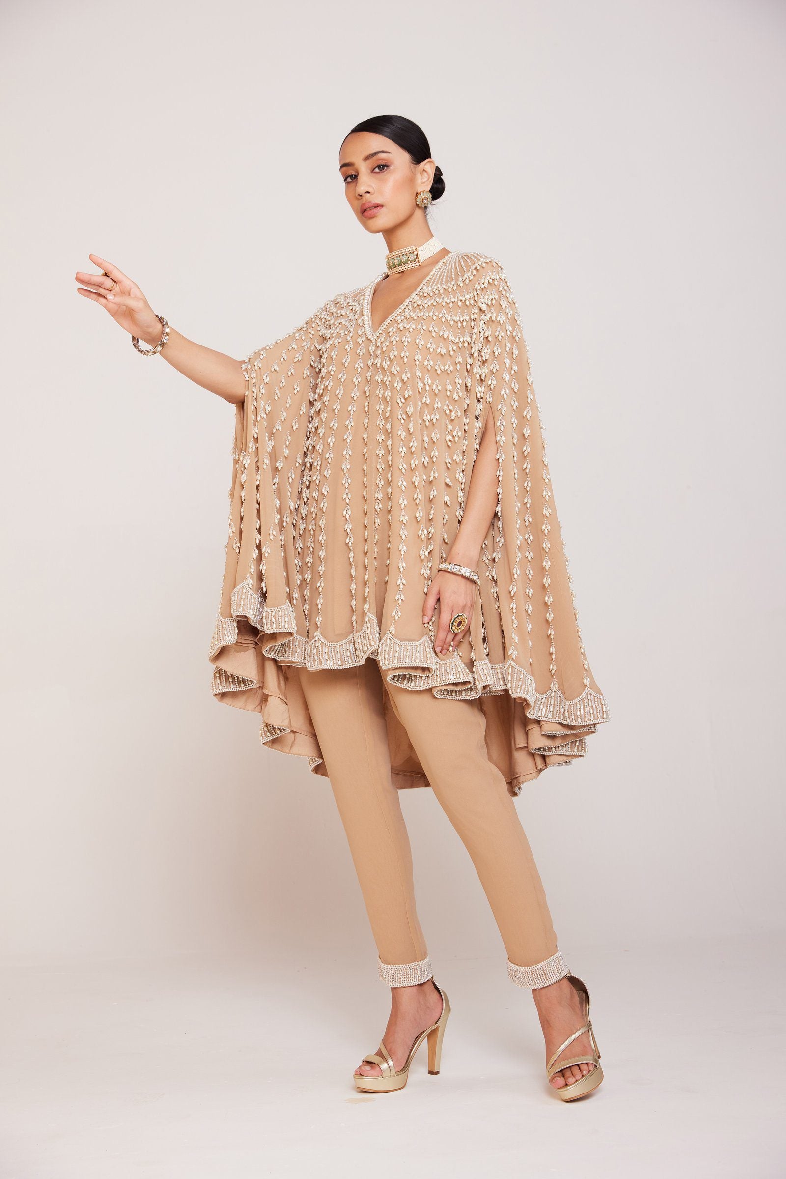 Vvani Vats,VAAW CP 2401,Beige Asymmetrical Cape Set