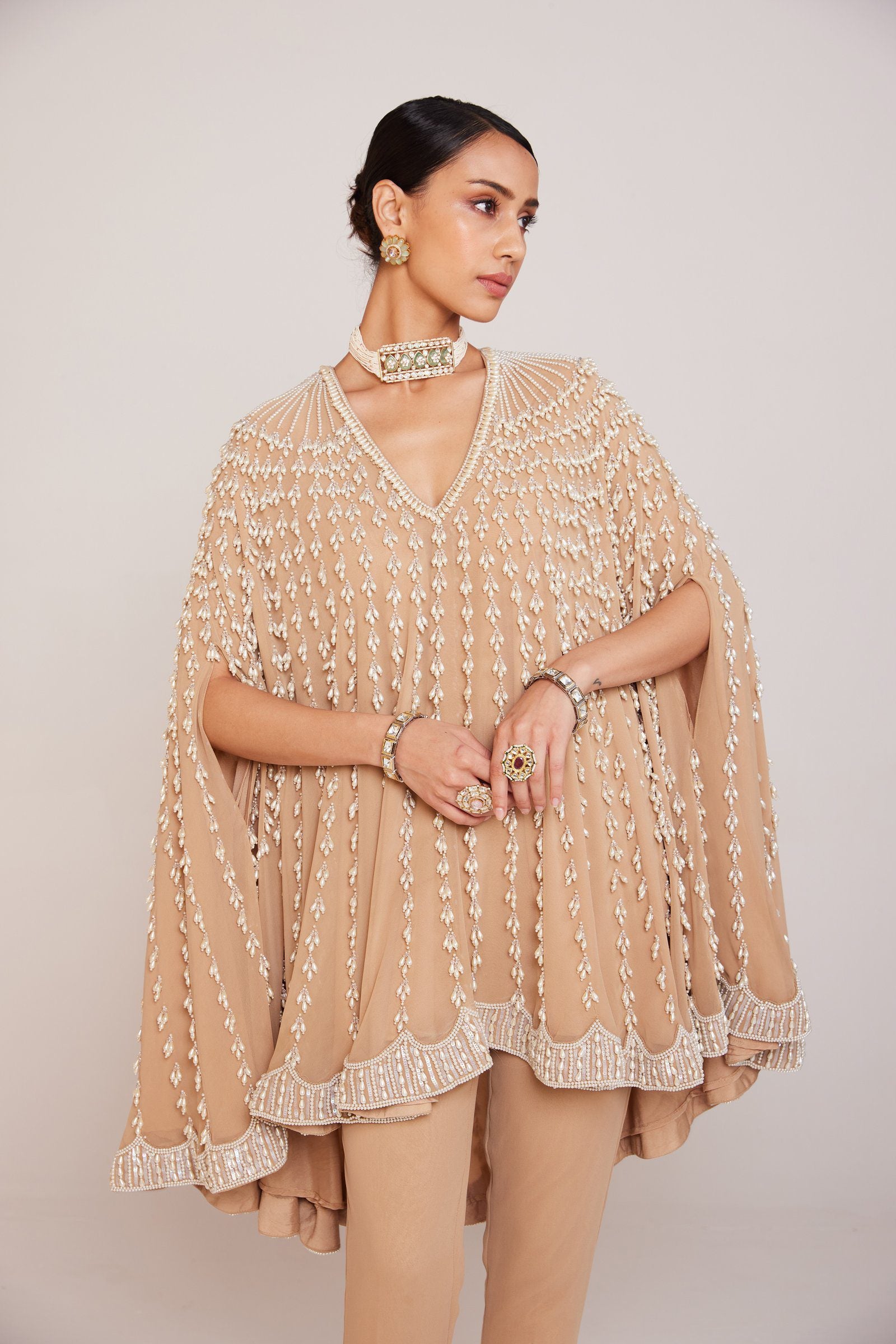 Vvani Vats,VAAW CP 2401,Beige Asymmetrical Cape Set