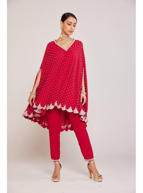 Vvani Vats,VAAW CP 2403,Crimson Red Asymmetrical Cape Set