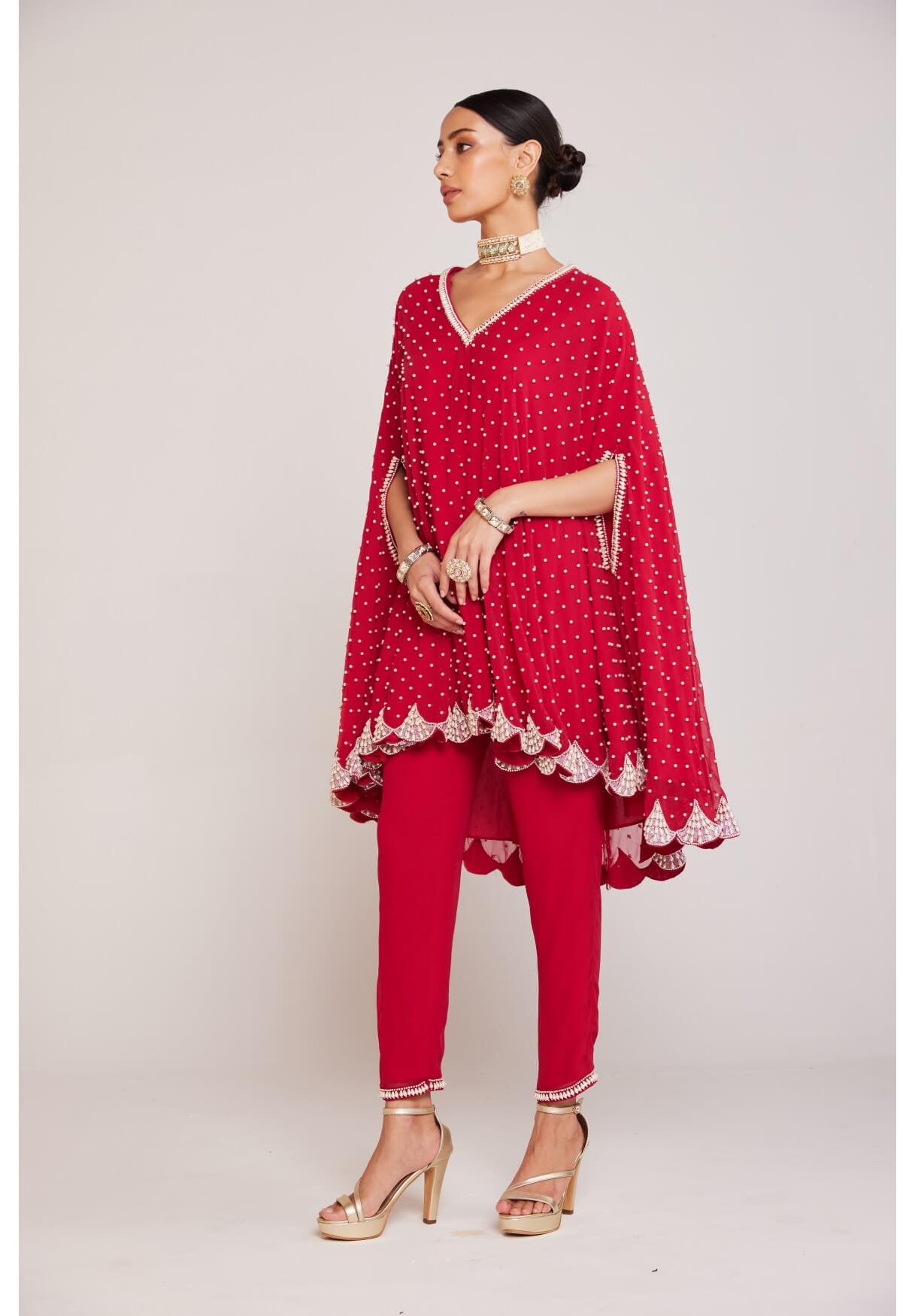 Vvani Vats,VAAW CP 2403,Crimson Red Asymmetrical Cape Set