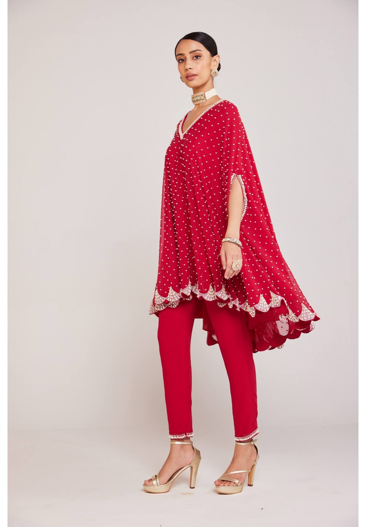 Vvani Vats,VAAW CP 2403,Crimson Red Asymmetrical Cape Set