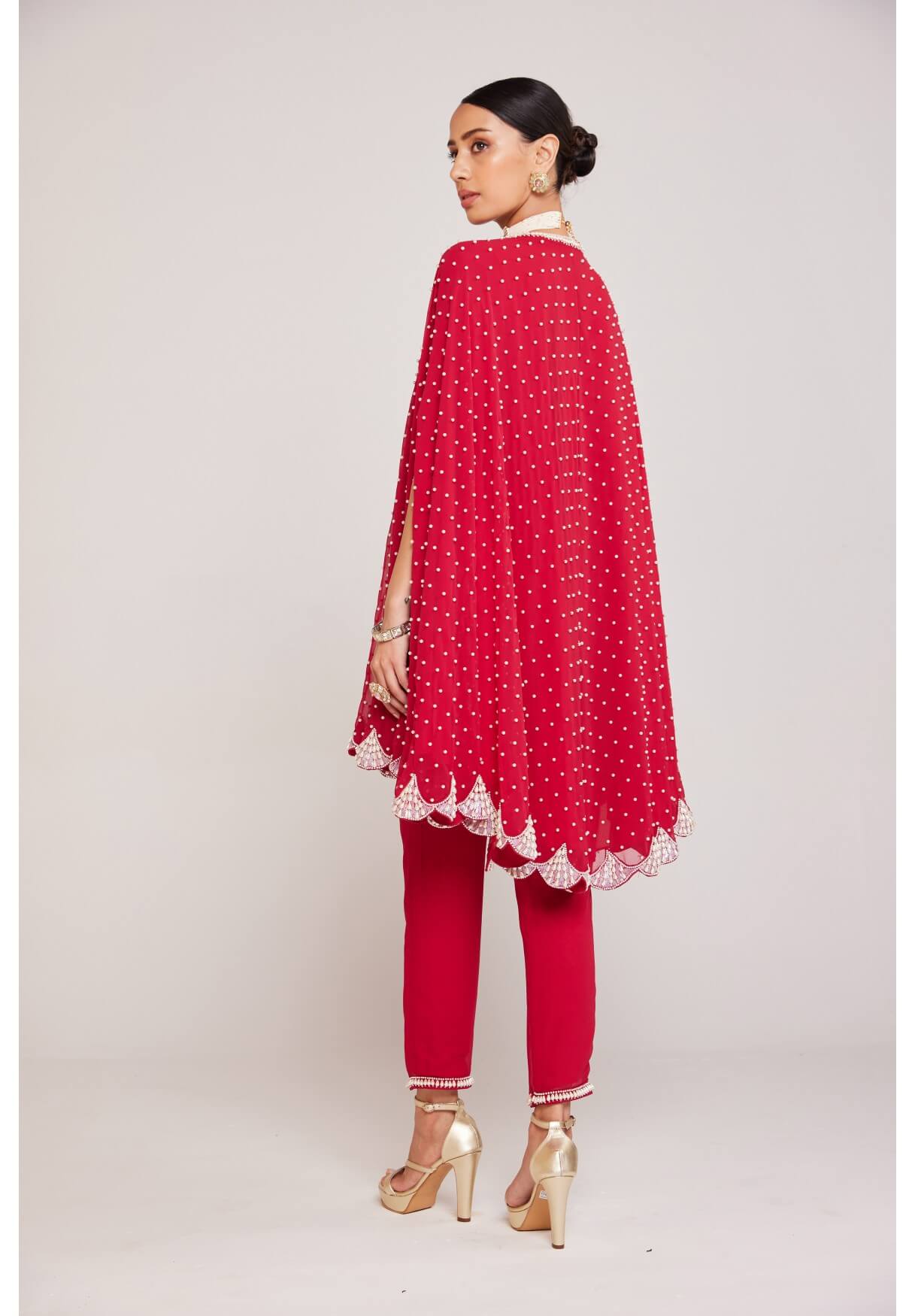 Vvani Vats,VAAW CP 2403,Crimson Red Asymmetrical Cape Set
