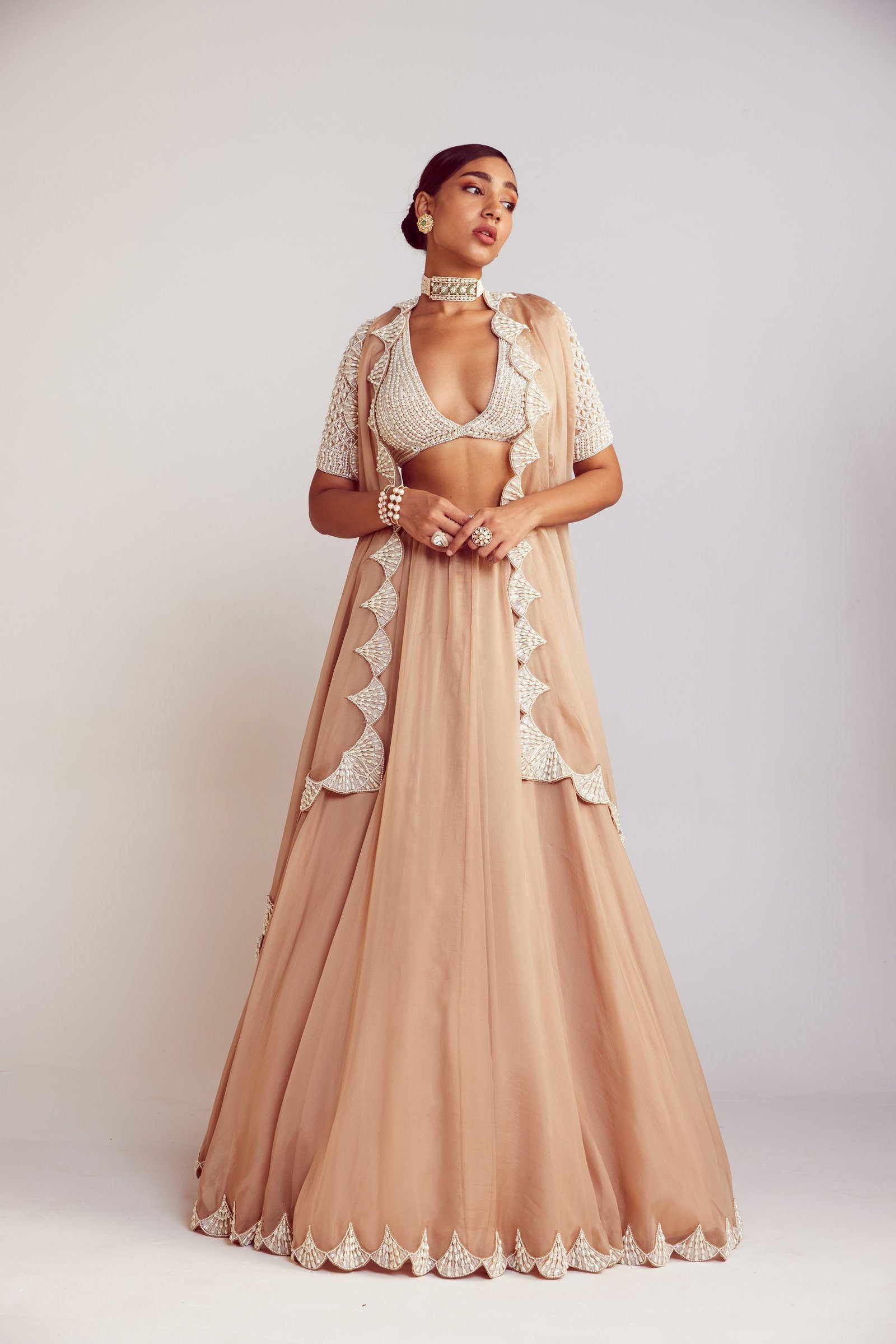 Vvani Vats,VAAW LH 2404,Beige Organza Lehenga Set