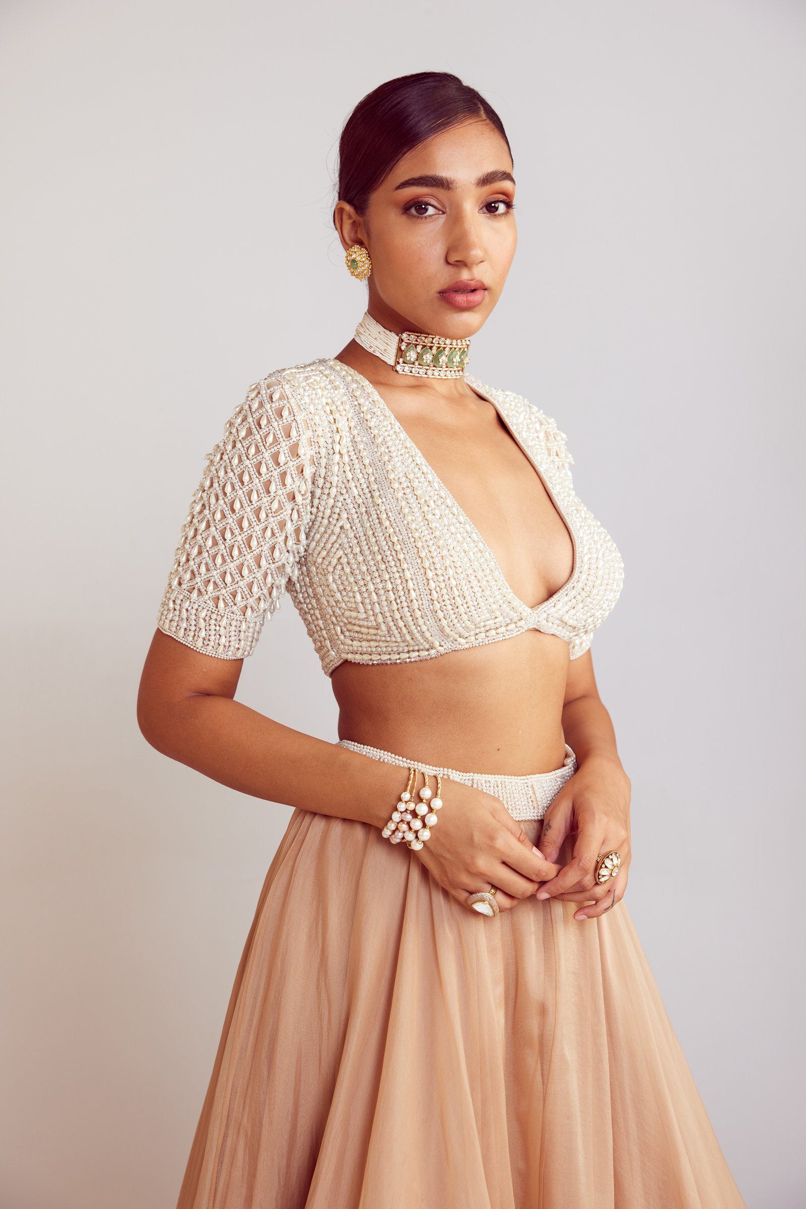 Vvani Vats,VAAW LH 2404,Beige Organza Lehenga Set