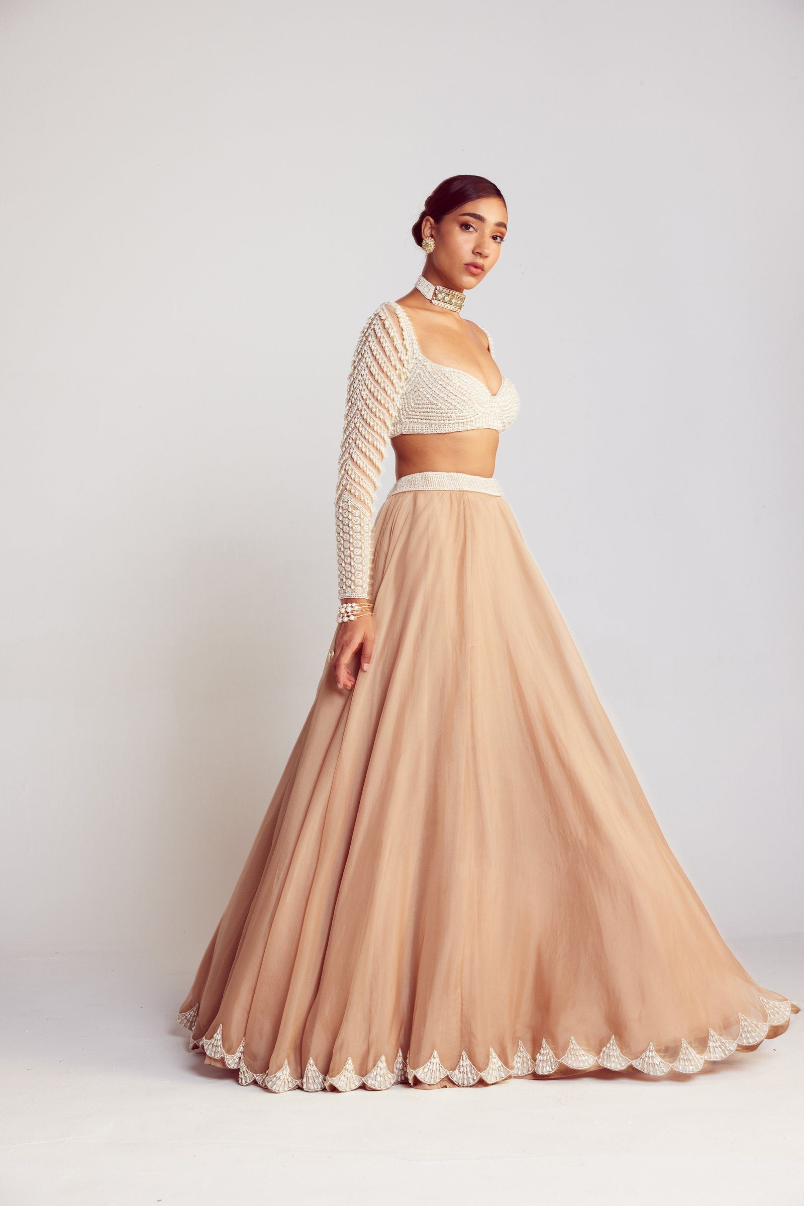 Vvani Vats,VAAW LH 2406,Beige Pearl Chandelier Drop Organza Lehenga Set