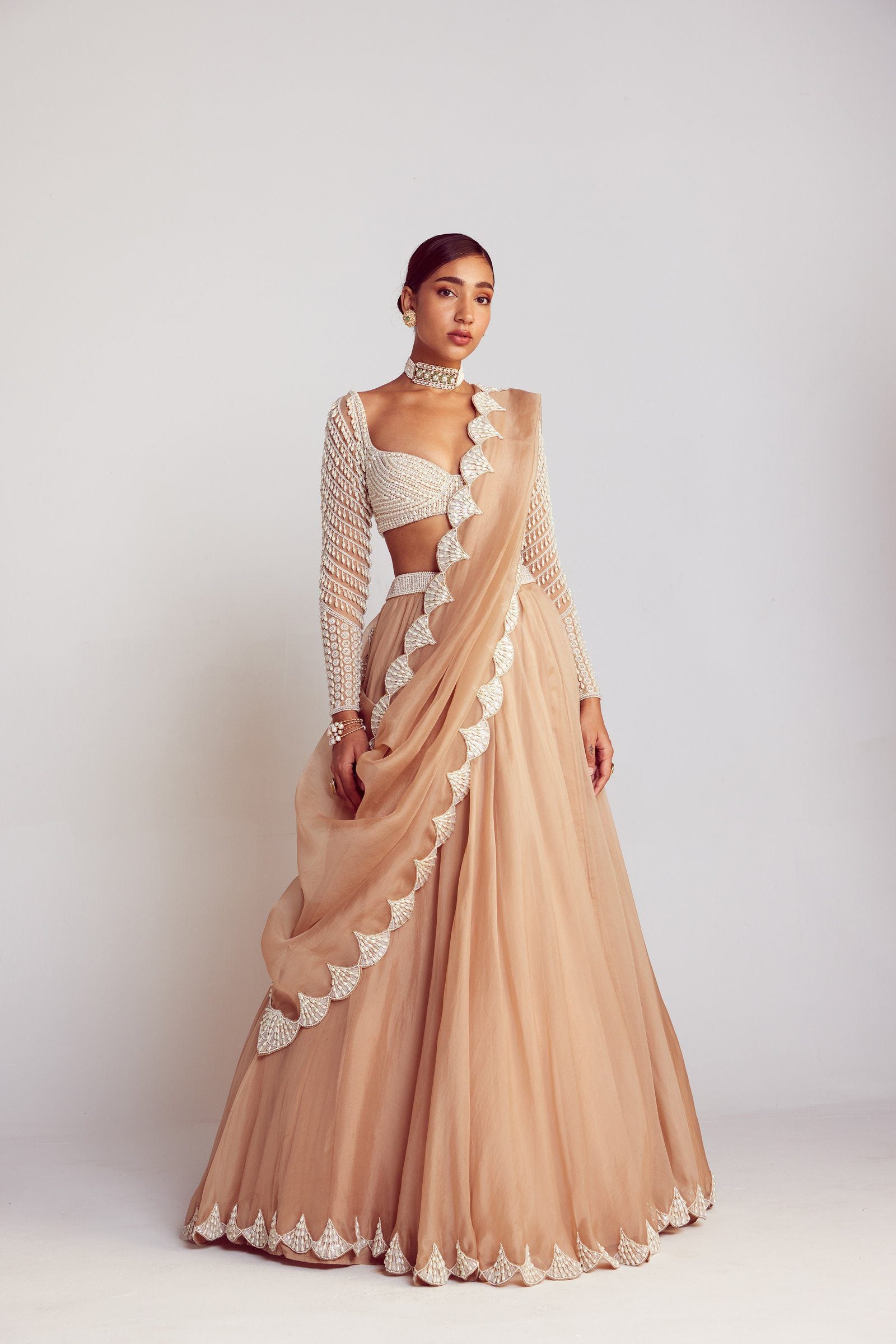 Vvani Vats,VAAW LH 2406,Beige Pearl Chandelier Drop Organza Lehenga Set