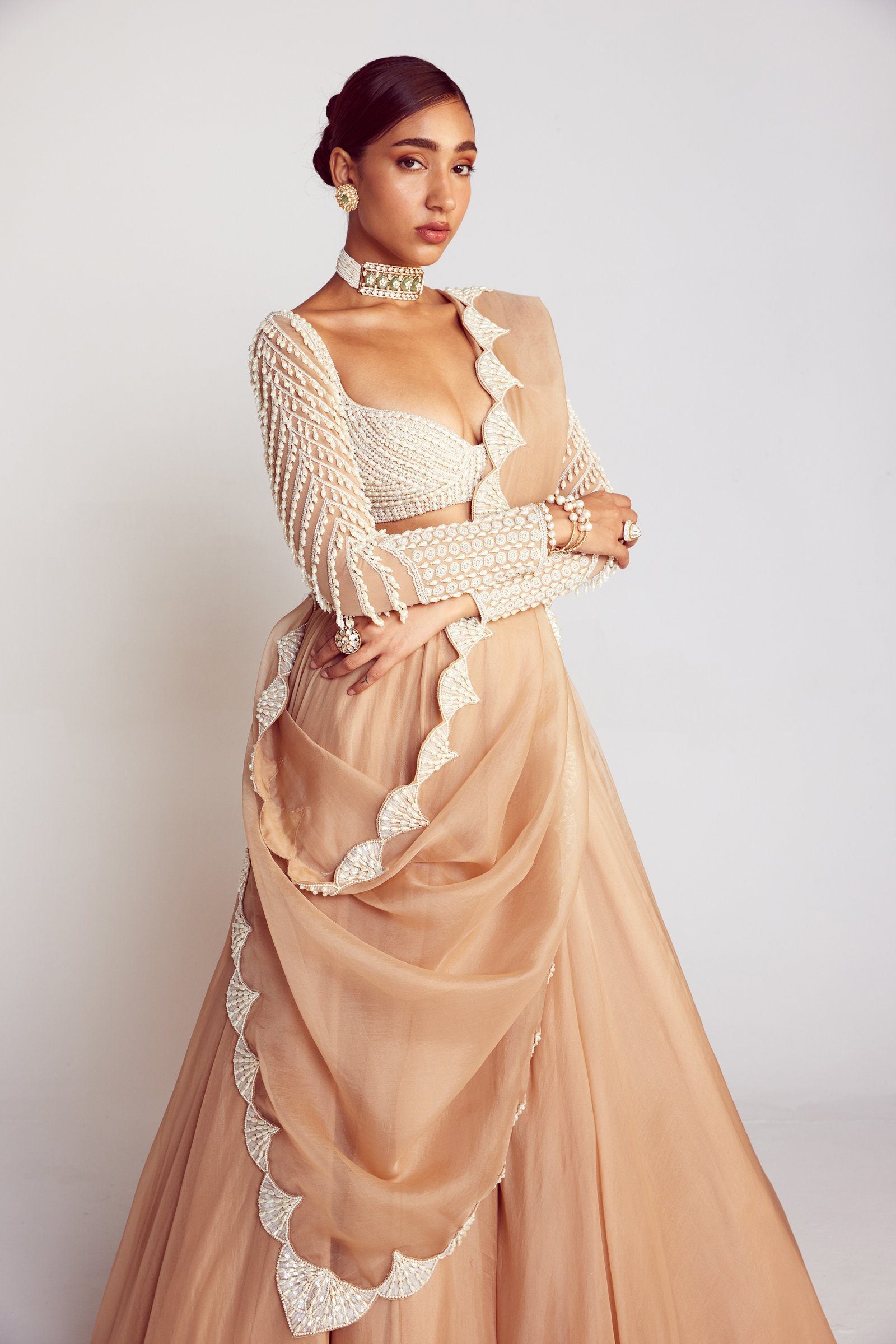 Vvani Vats,VAAW LH 2406,Beige Pearl Chandelier Drop Organza Lehenga Set