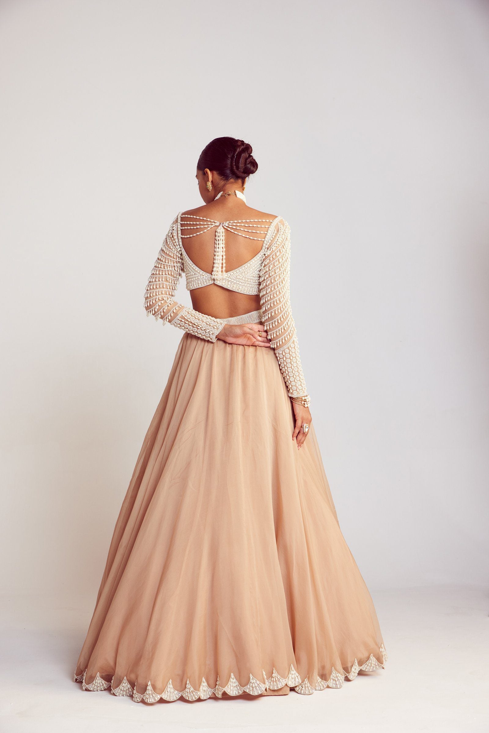 Vvani Vats,VAAW LH 2406,Beige Pearl Chandelier Drop Organza Lehenga Set