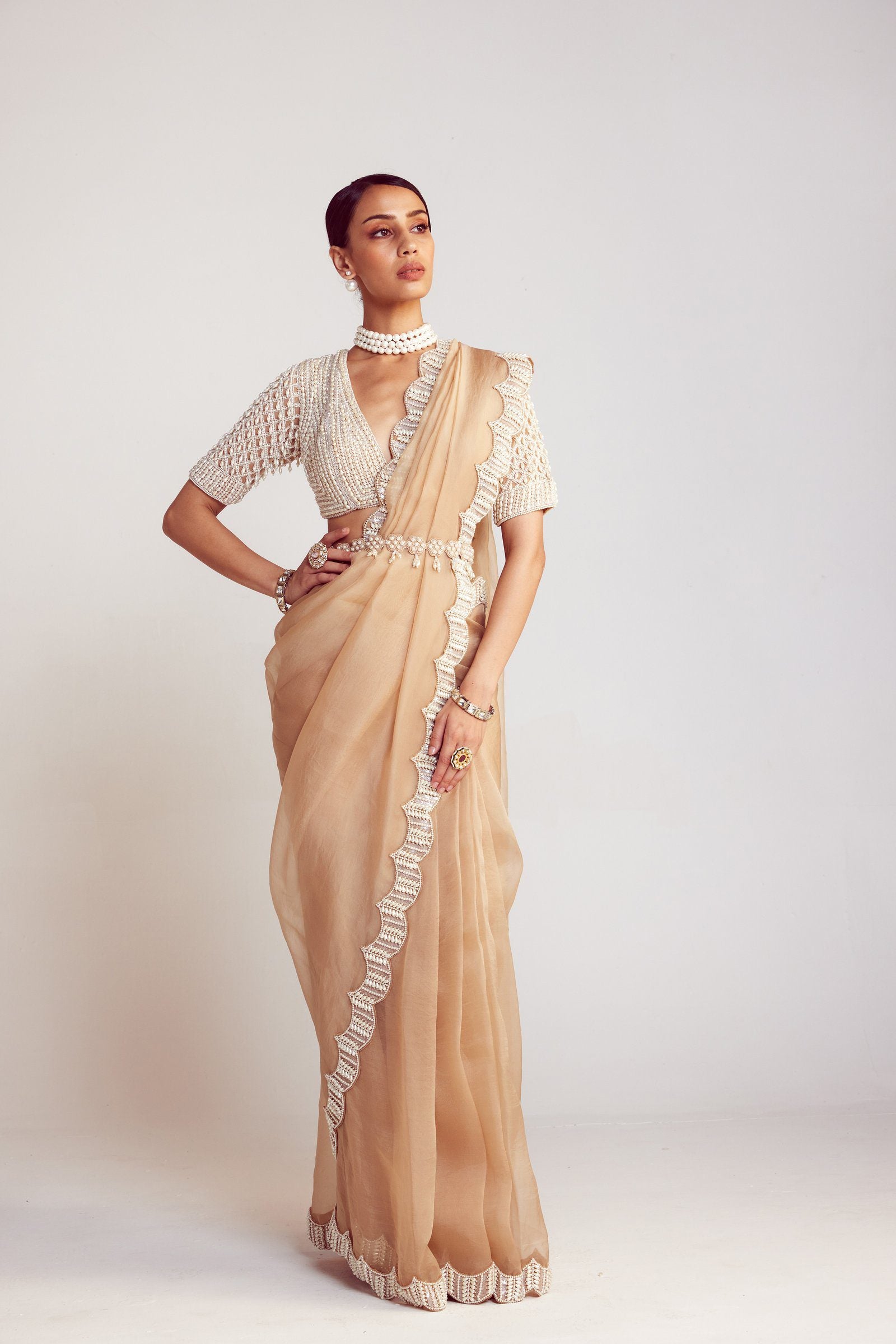 Vvani Vats,VAAW SR 2407,Beige V Neck Saree Set