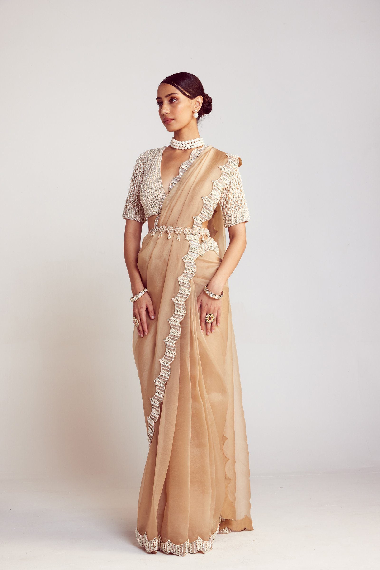 Vvani Vats,VAAW SR 2407,Beige V Neck Saree Set