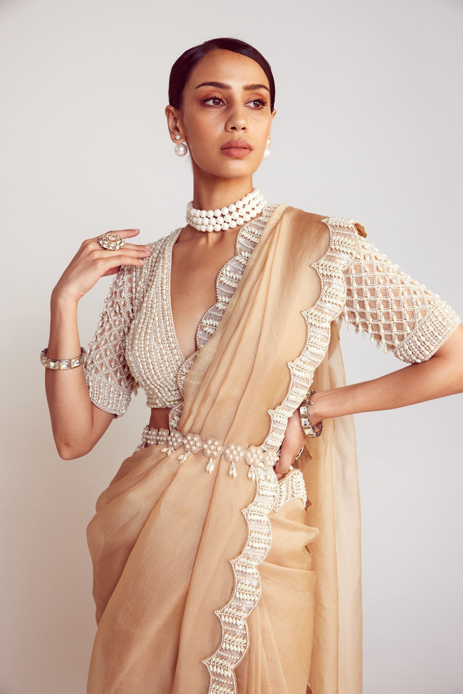 Vvani Vats,VAAW SR 2407,Beige V Neck Saree Set