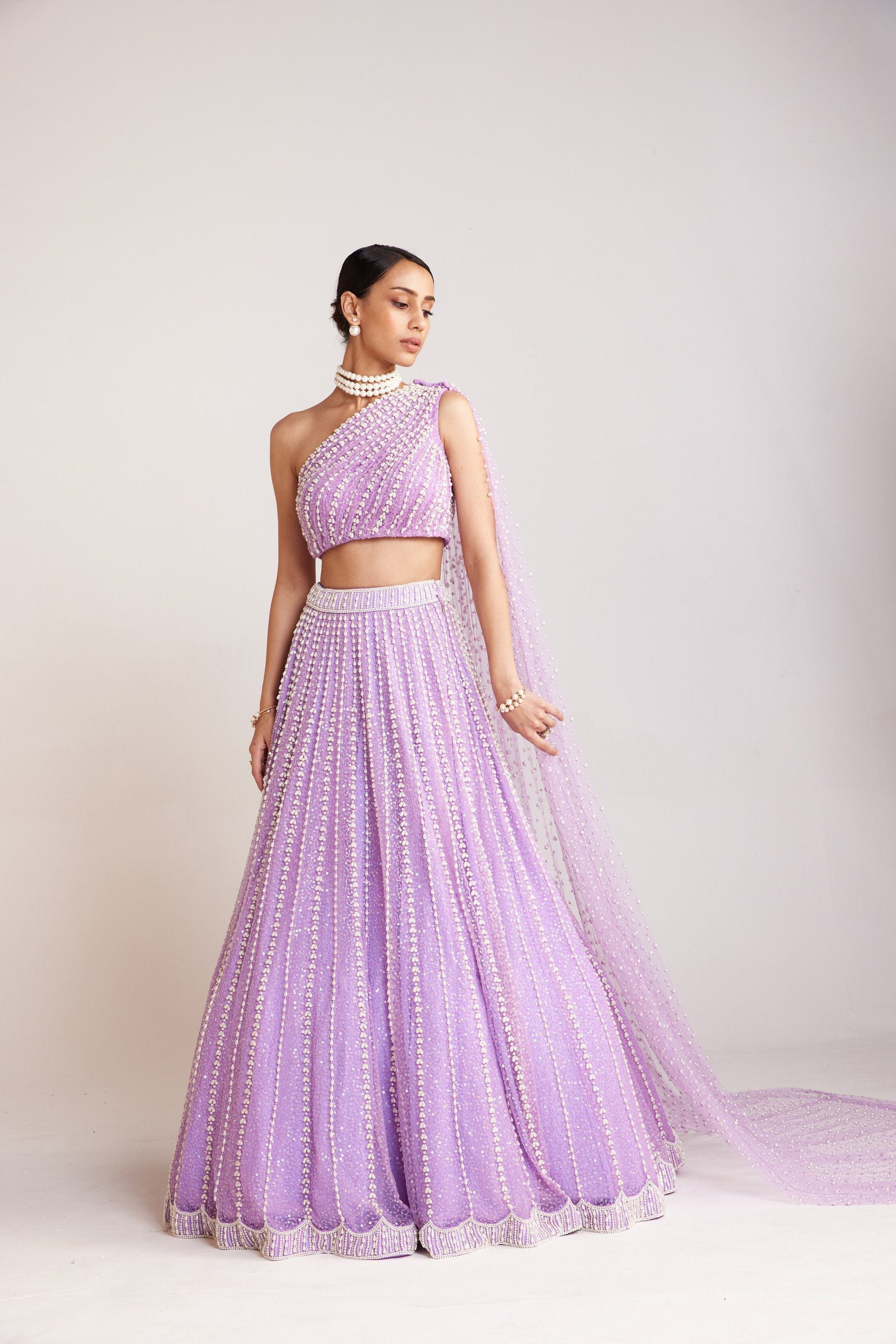 Vvani Vats,VAAW LH 2414,Lilac One Shoulder Lehenga Set