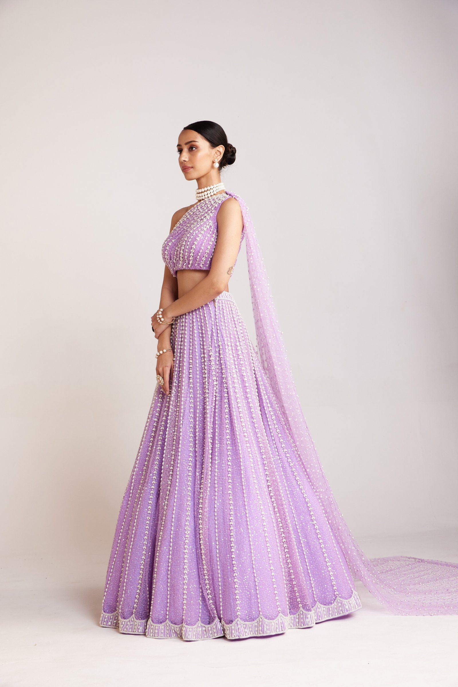 Vvani Vats,VAAW LH 2414,Lilac One Shoulder Lehenga Set
