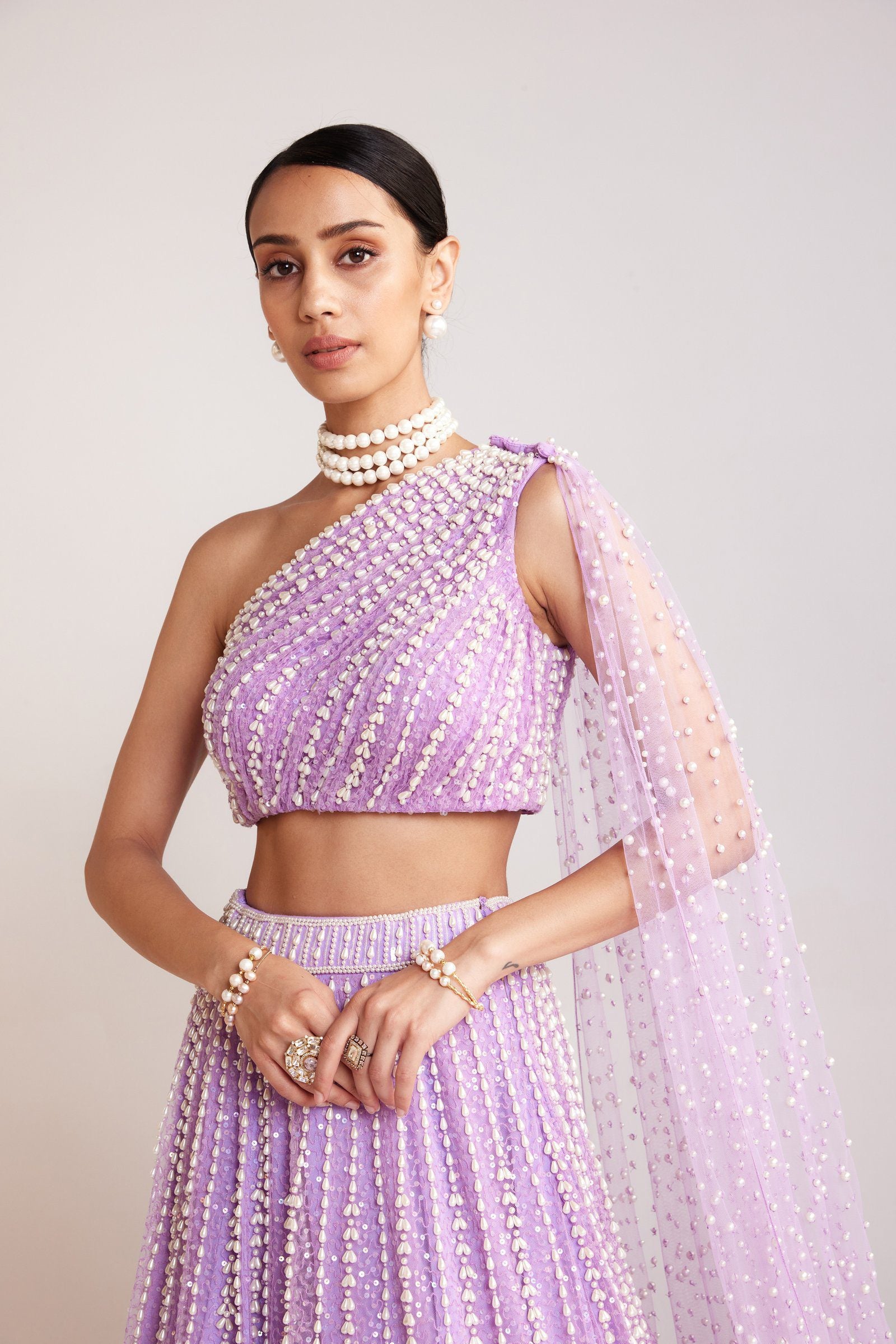 Vvani Vats,VAAW LH 2414,Lilac One Shoulder Lehenga Set