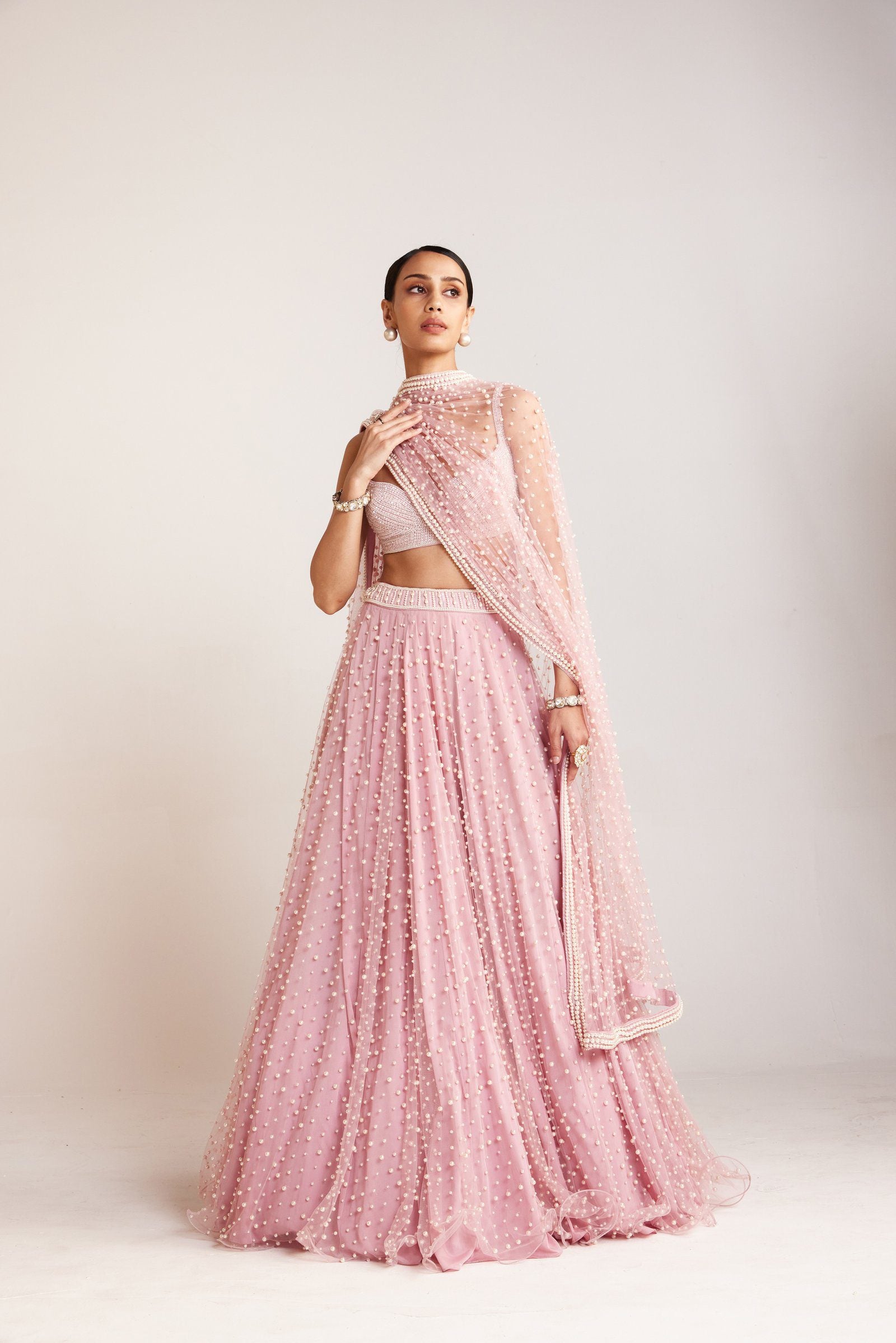 Vvani Vats,VAAW LH 2421,Powder Pink Dense Pearl Lehenga Set