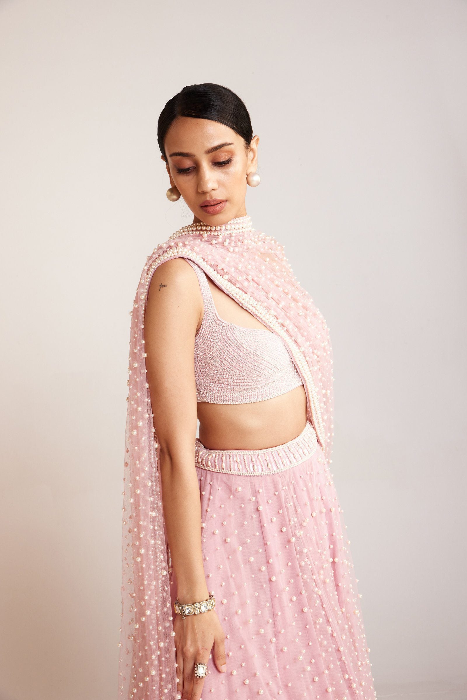 Vvani Vats,VAAW LH 2421,Powder Pink Dense Pearl Lehenga Set