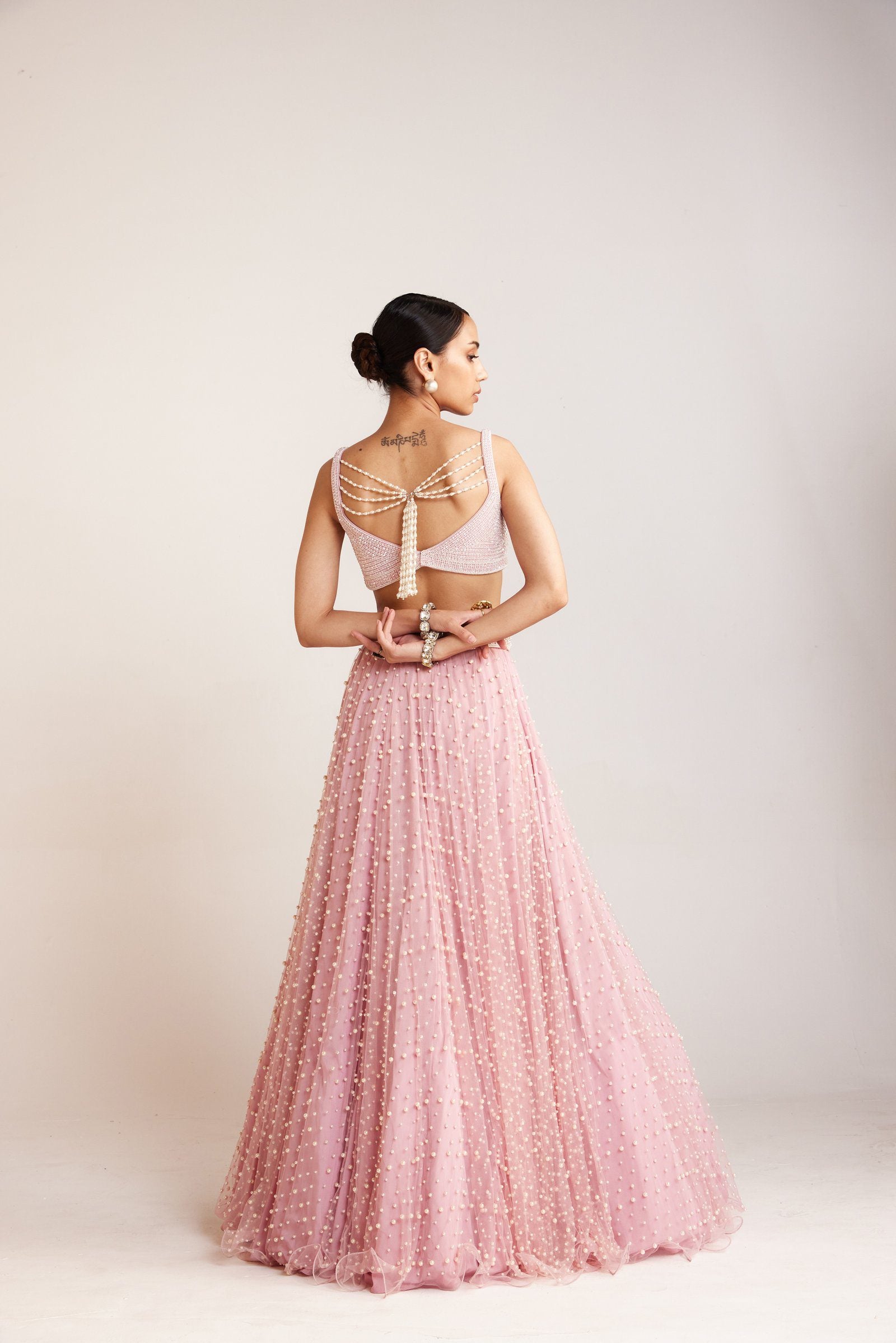 Vvani Vats,VAAW LH 2421,Powder Pink Dense Pearl Lehenga Set