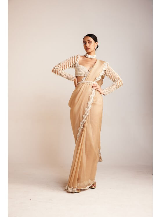 Vvani Vats,VAAW SR 2422,Beige Chandelier Drop Saree Set