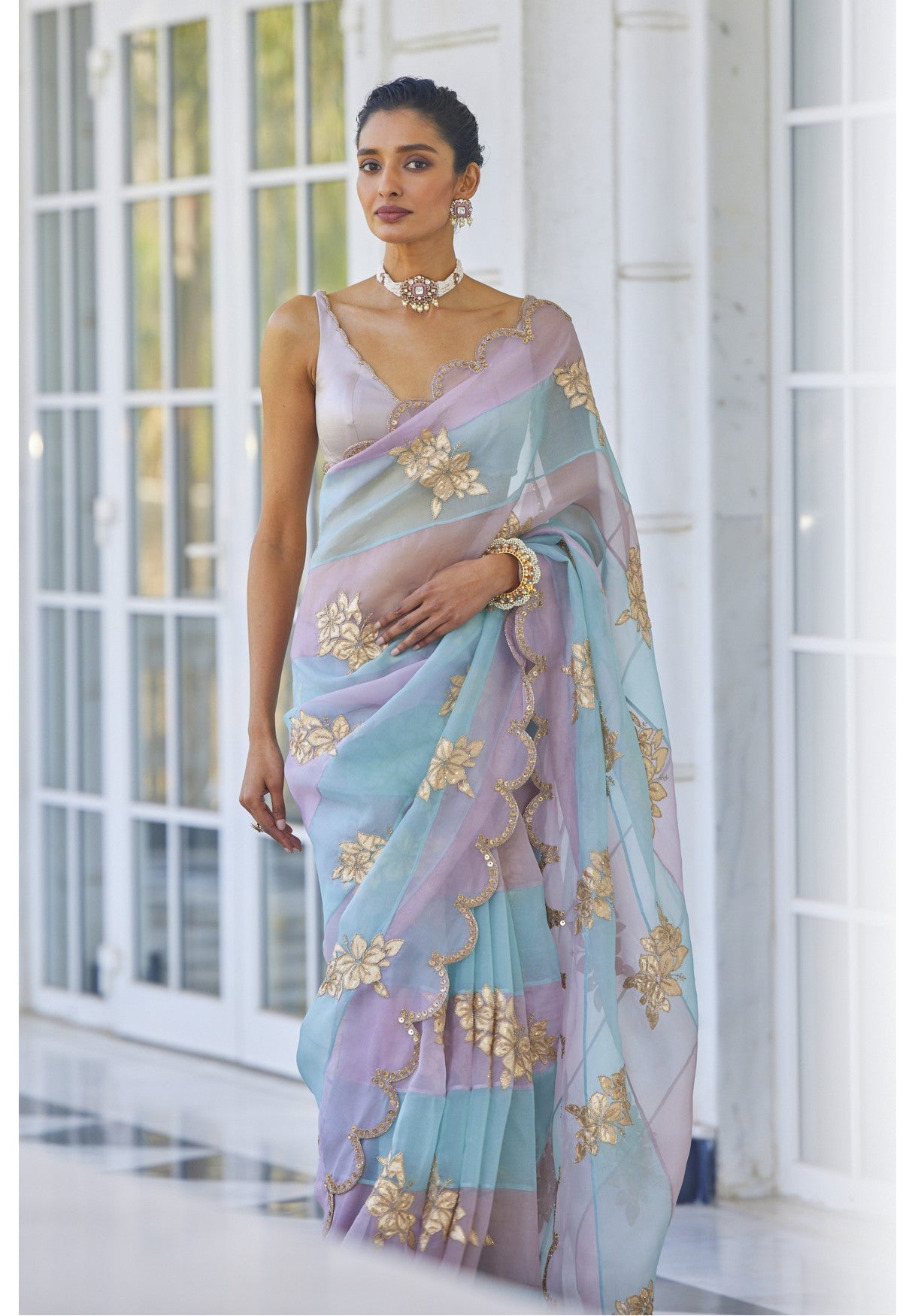 Ash Pink Multicolor Flower Saree Set