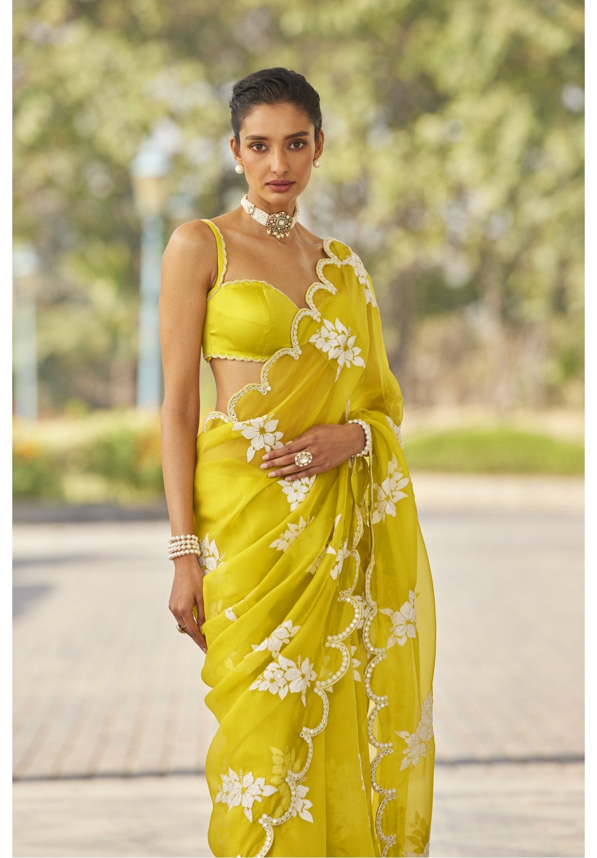 Moss Green Flower Saree Set